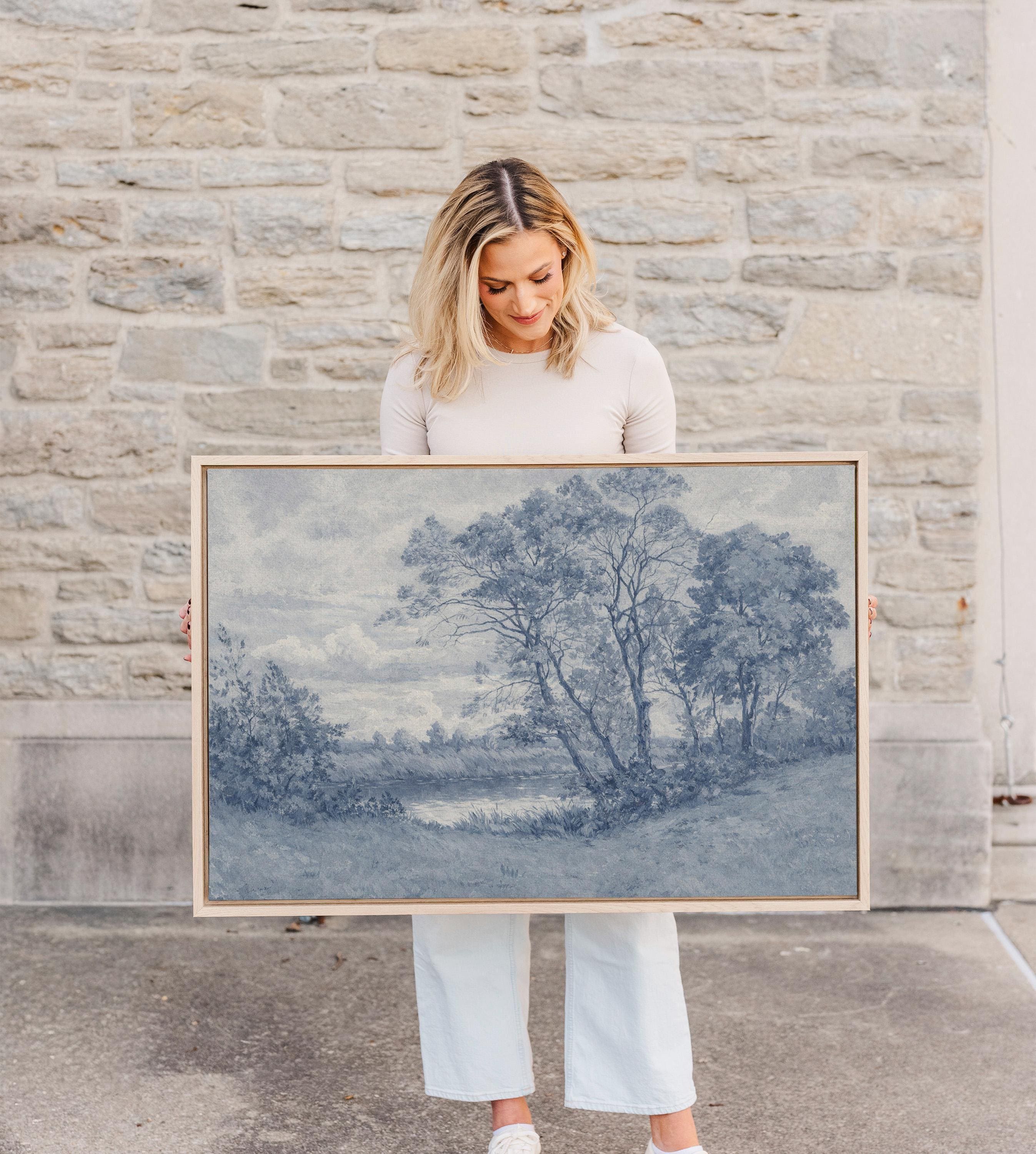 Blue Landscape Wall Art – Vintage Pastoral River Print – Antique European Countryside Decor – French Country Cottage Wall Art