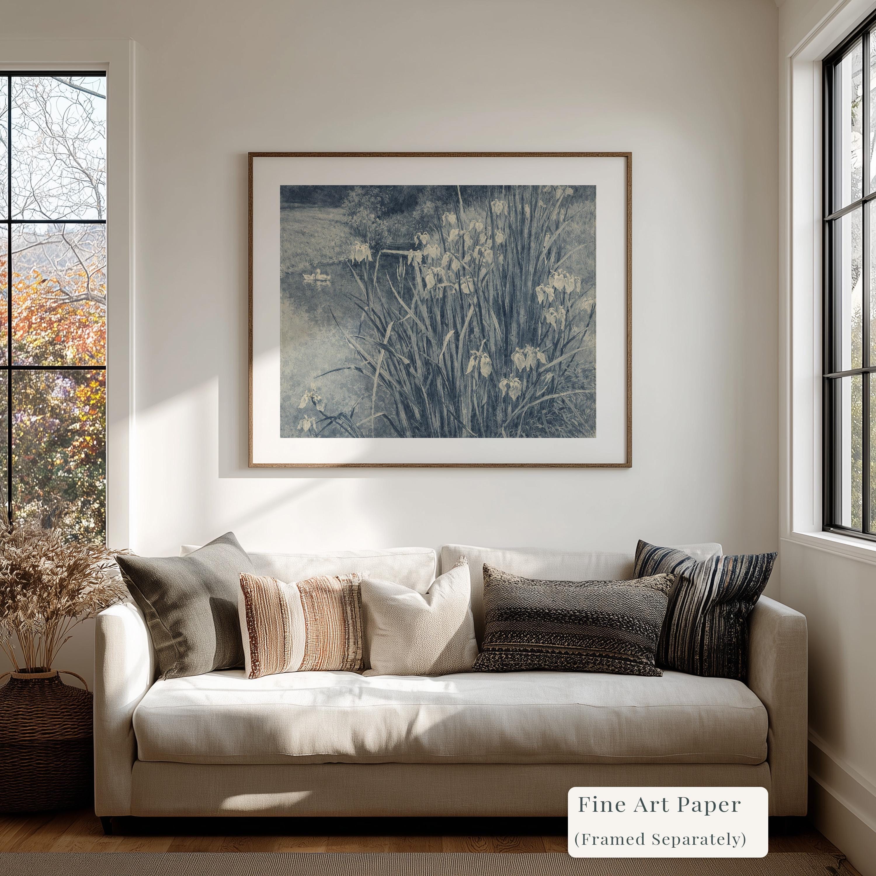 Blue Iris Pond Wall Art Print – Vintage Swan Landscape Artwork – French Country Cottage Decor – Moody Blue Nature Painting