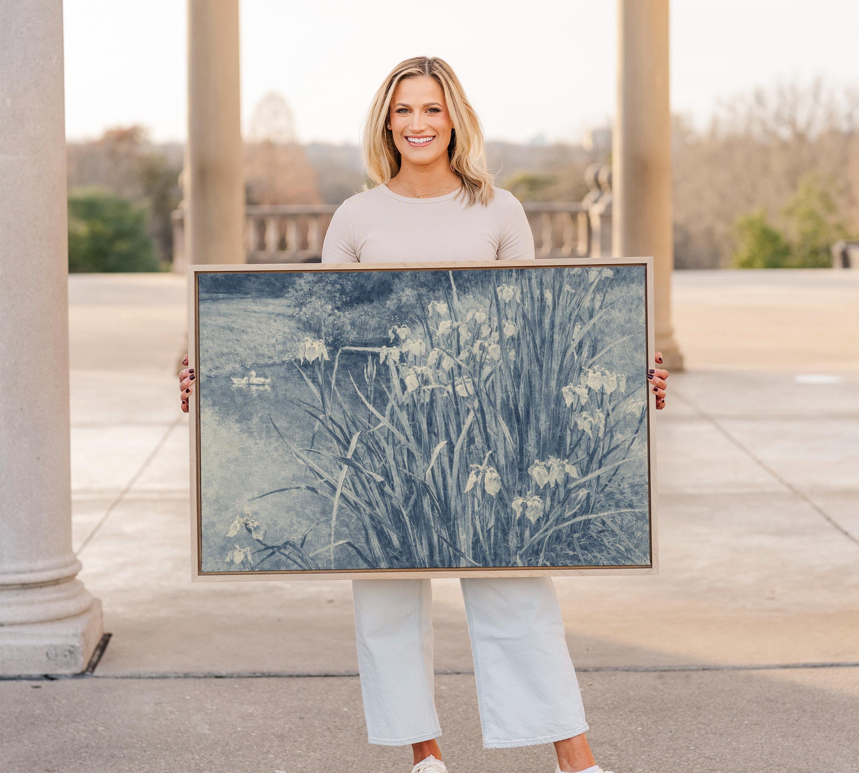 Blue Iris Pond Wall Art Print – Vintage Swan Landscape Artwork – French Country Cottage Decor – Moody Blue Nature Painting