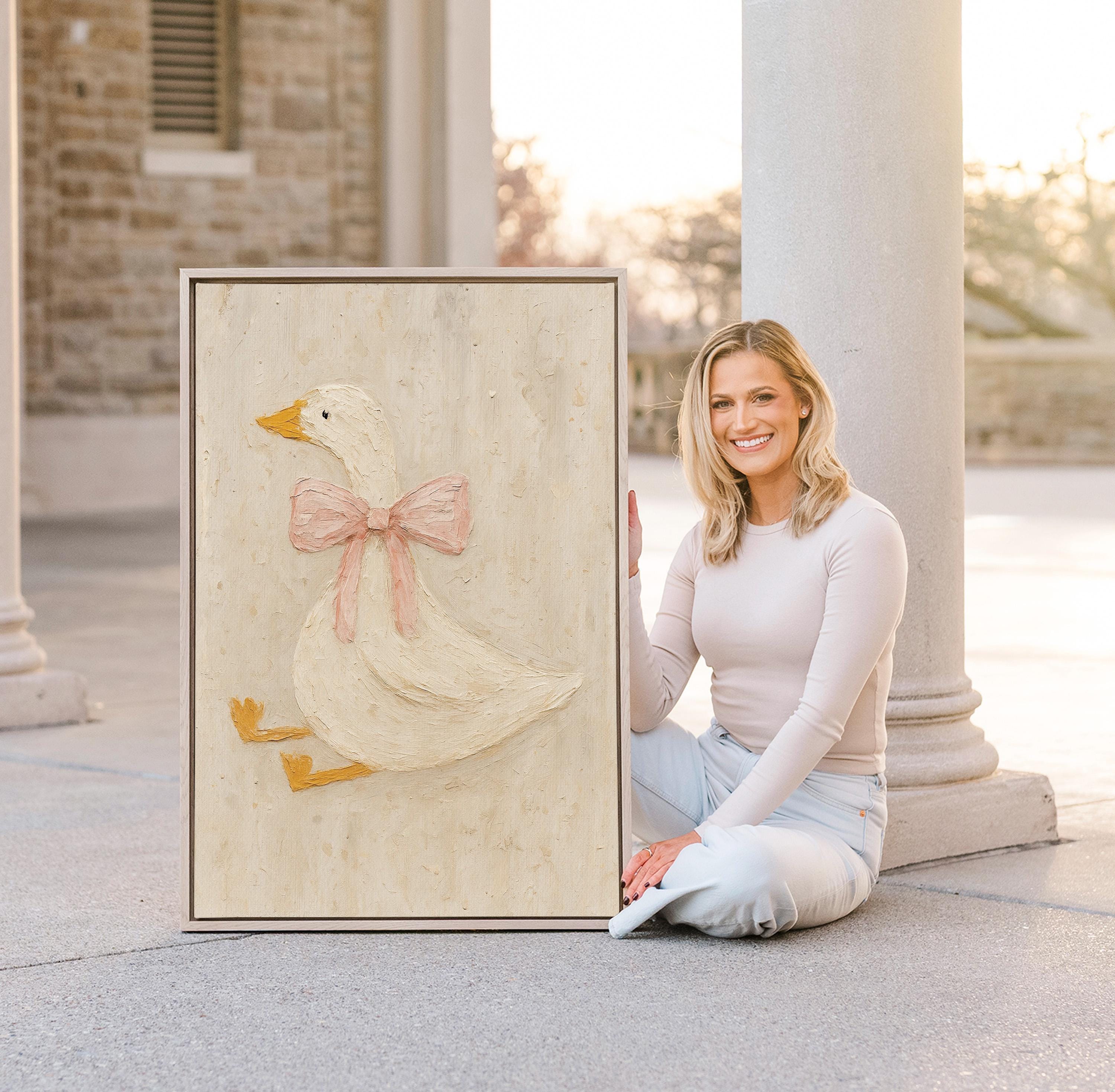 Vintage Duck Nursery Art: Canvas-Style Print with Pink Bow