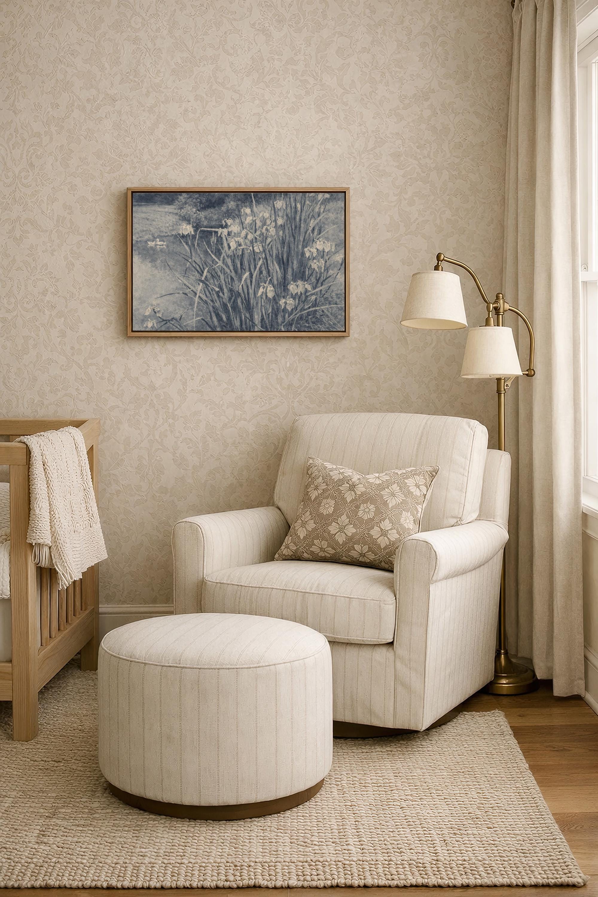 Blue Iris Pond Wall Art Print – Vintage Swan Landscape Artwork – French Country Cottage Decor – Moody Blue Nature Painting