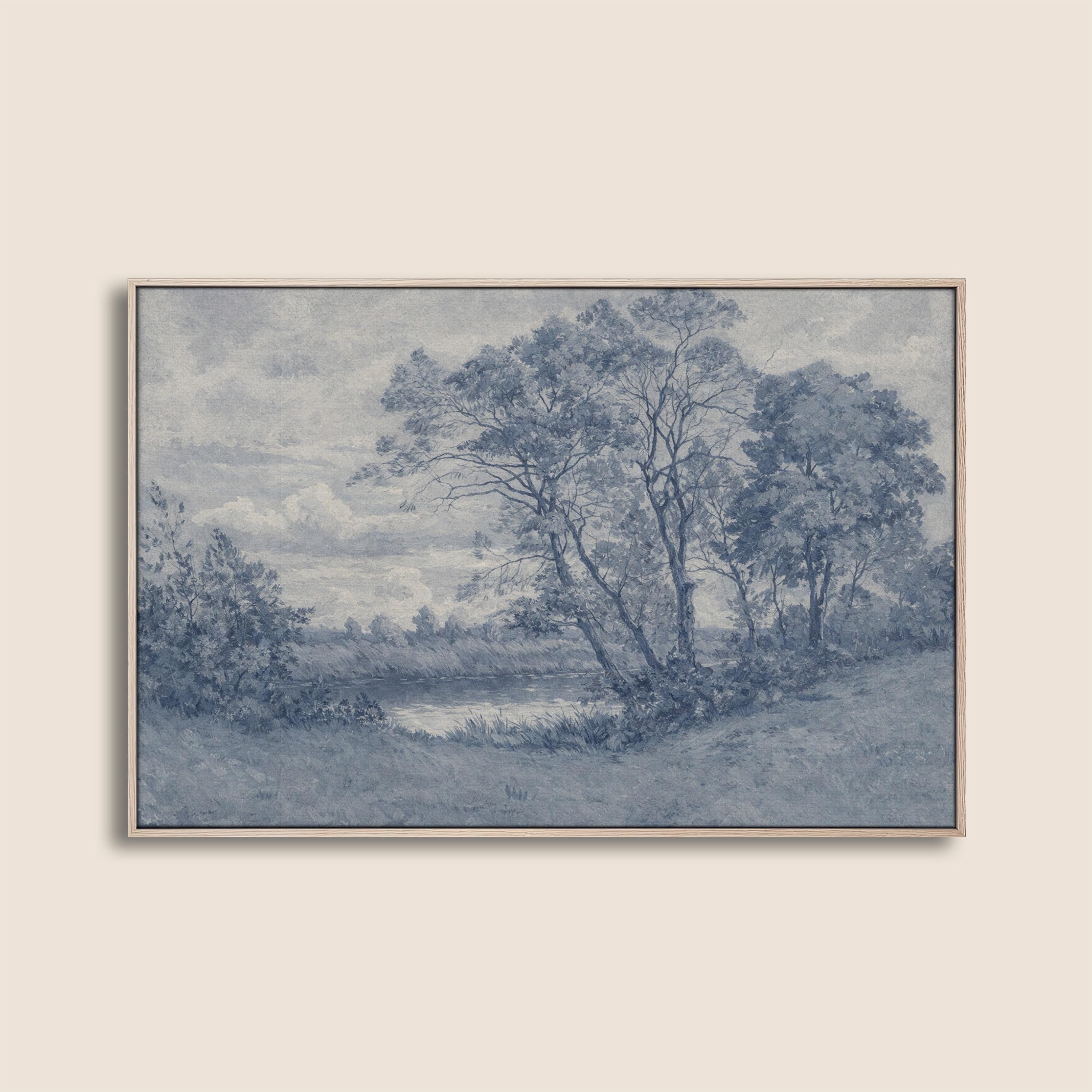 Blue Landscape Wall Art – Vintage Pastoral River Print – Antique European Countryside Decor – French Country Cottage Wall Art