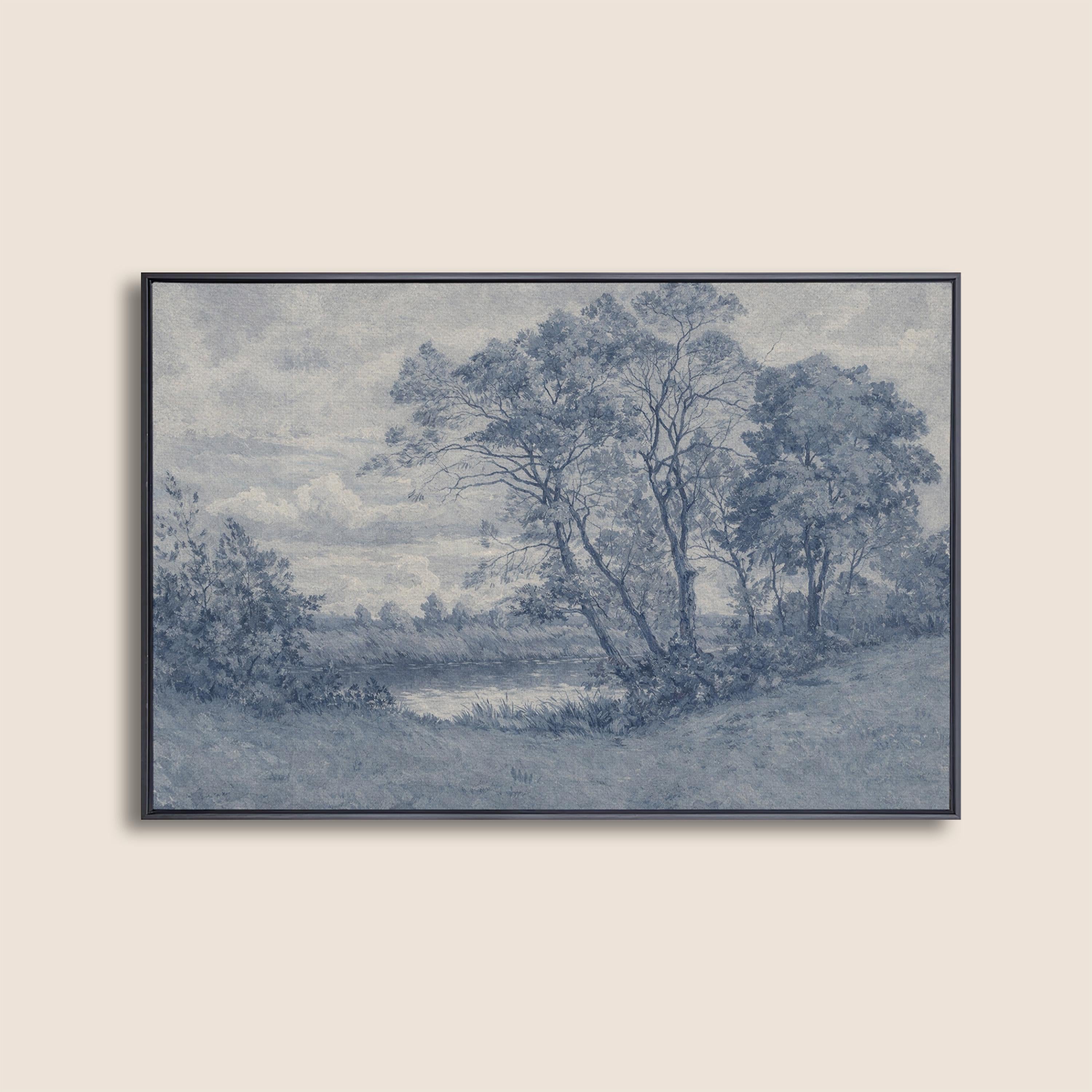 Blue Landscape Wall Art – Vintage Pastoral River Print – Antique European Countryside Decor – French Country Cottage Wall Art