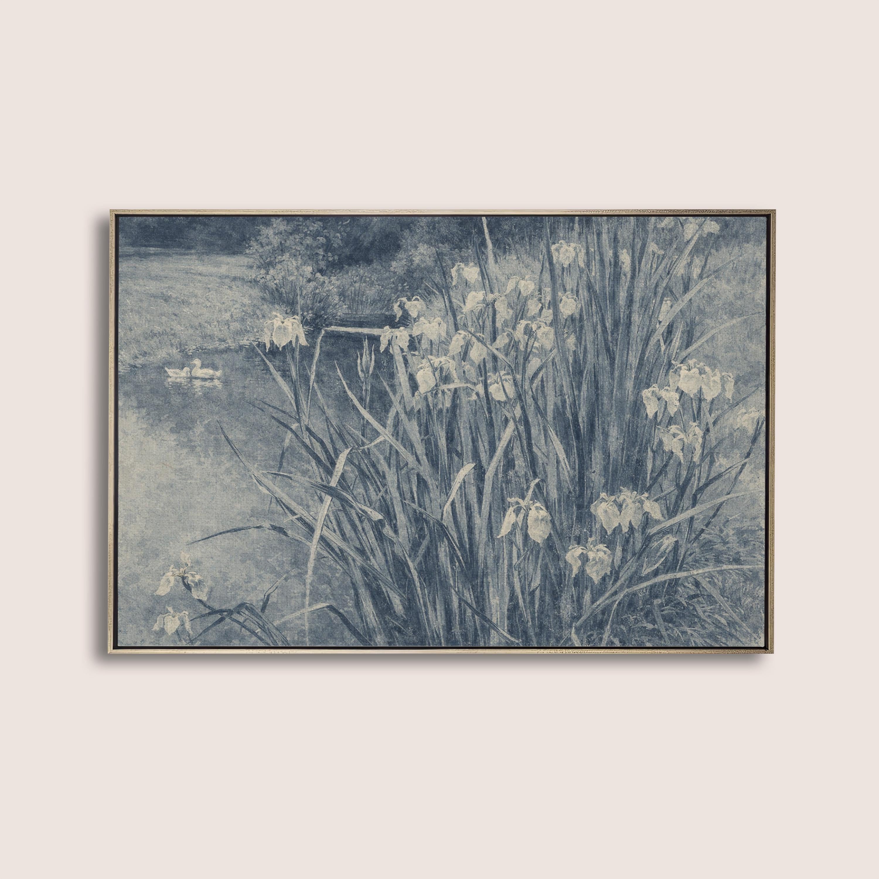 Blue Iris Pond Wall Art Print – Vintage Swan Landscape Artwork – French Country Cottage Decor – Moody Blue Nature Painting