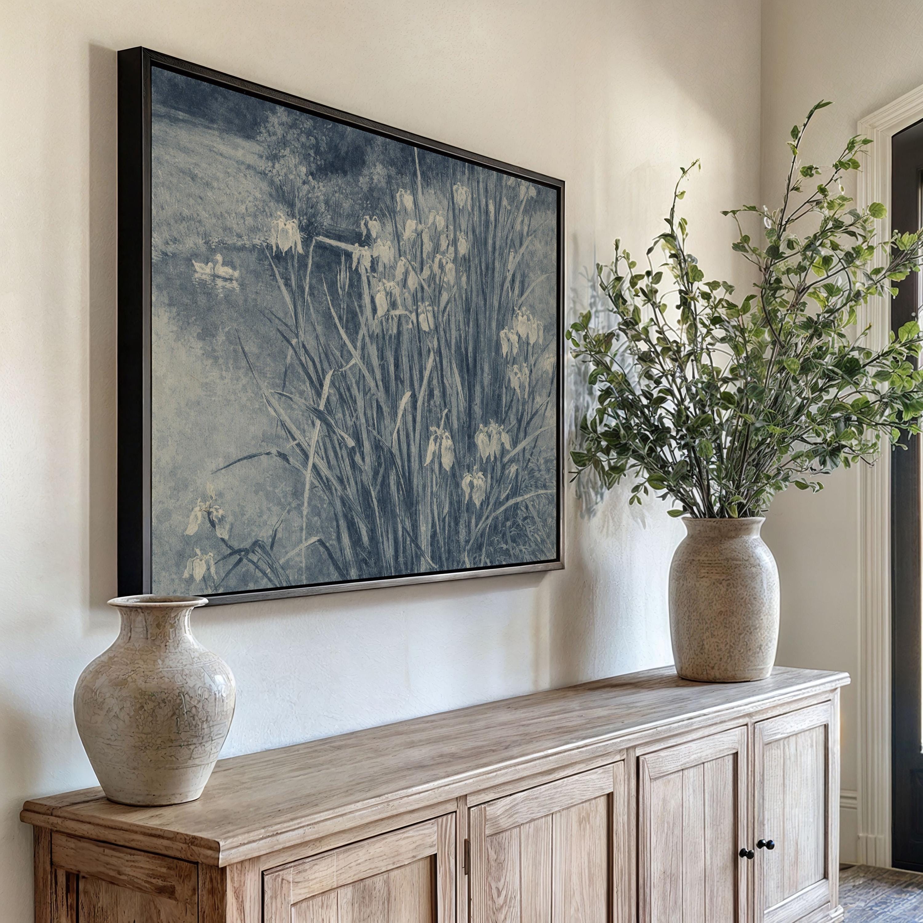 Blue Iris Pond Wall Art Print – Vintage Swan Landscape Artwork – French Country Cottage Decor – Moody Blue Nature Painting