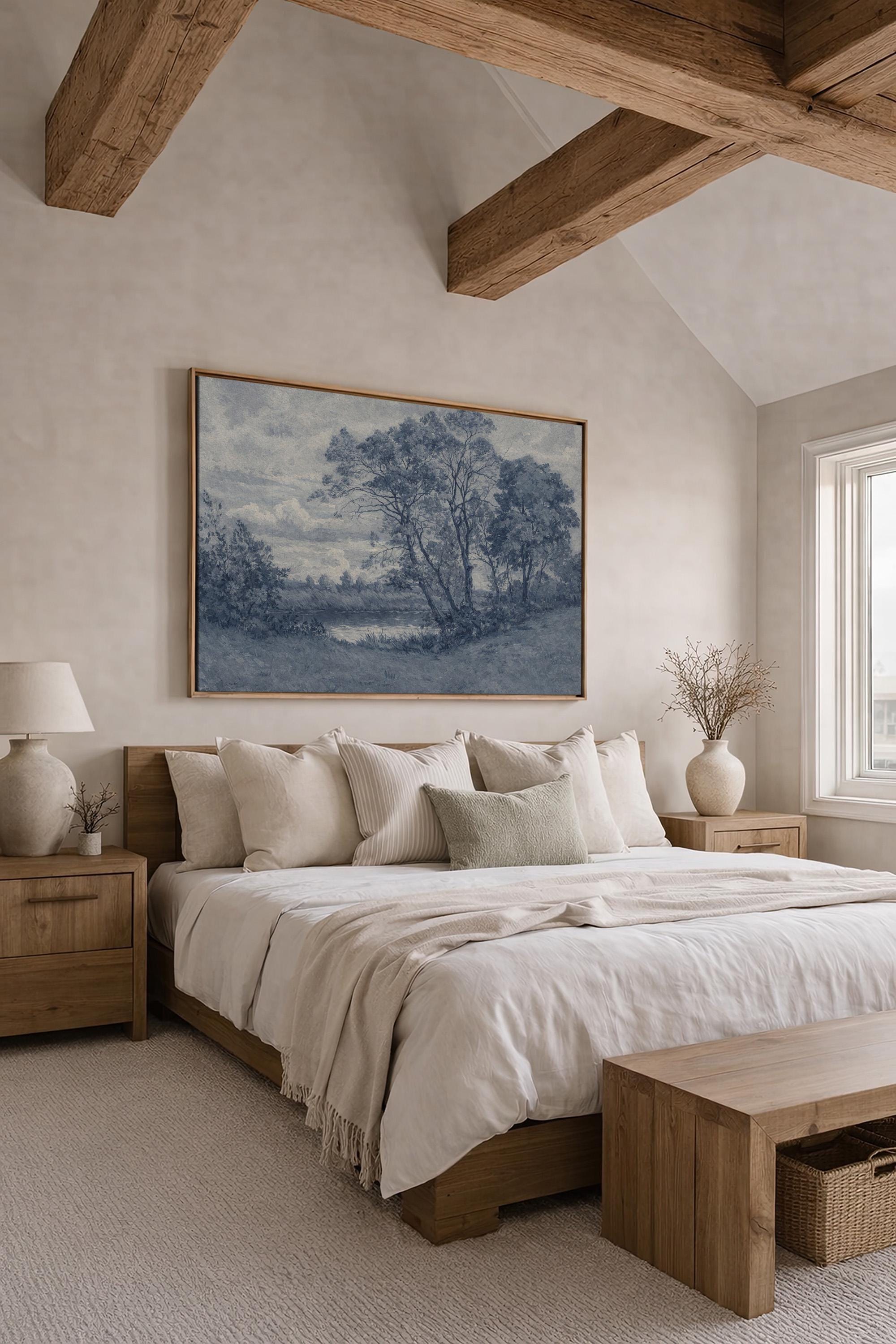 Blue Landscape Wall Art – Vintage Pastoral River Print – Antique European Countryside Decor – French Country Cottage Wall Art