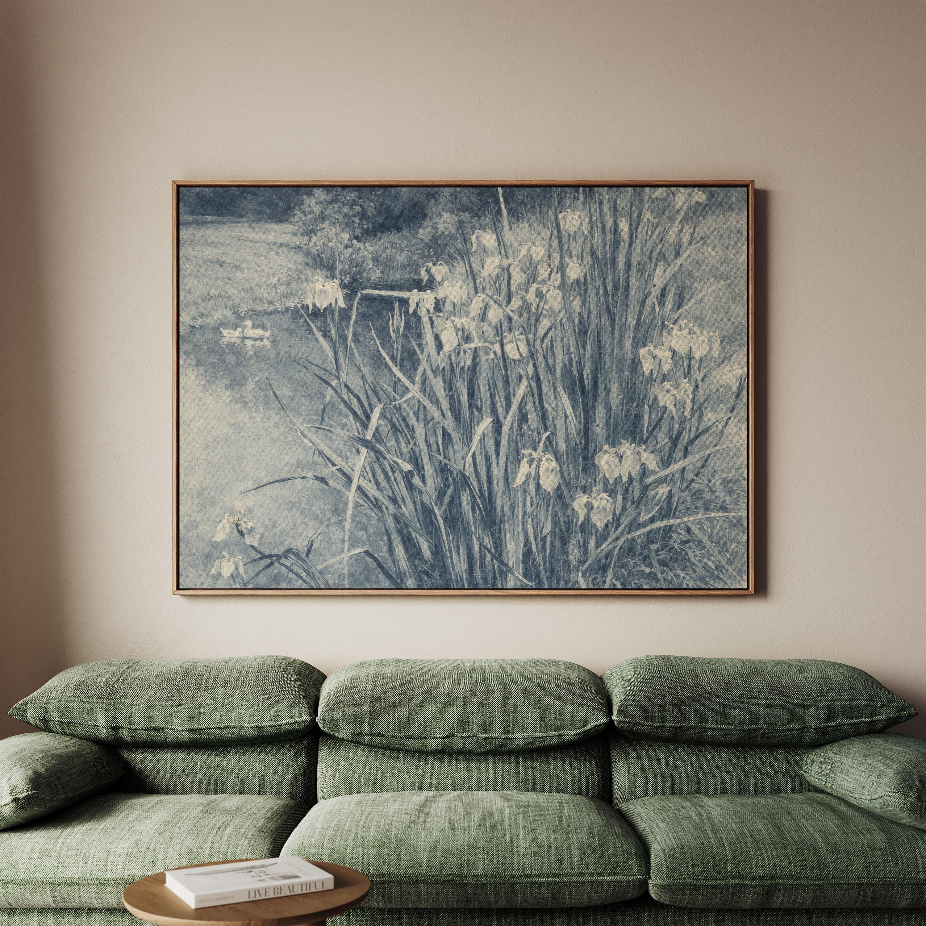 Blue Iris Pond Wall Art Print – Vintage Swan Landscape Artwork – French Country Cottage Decor – Moody Blue Nature Painting