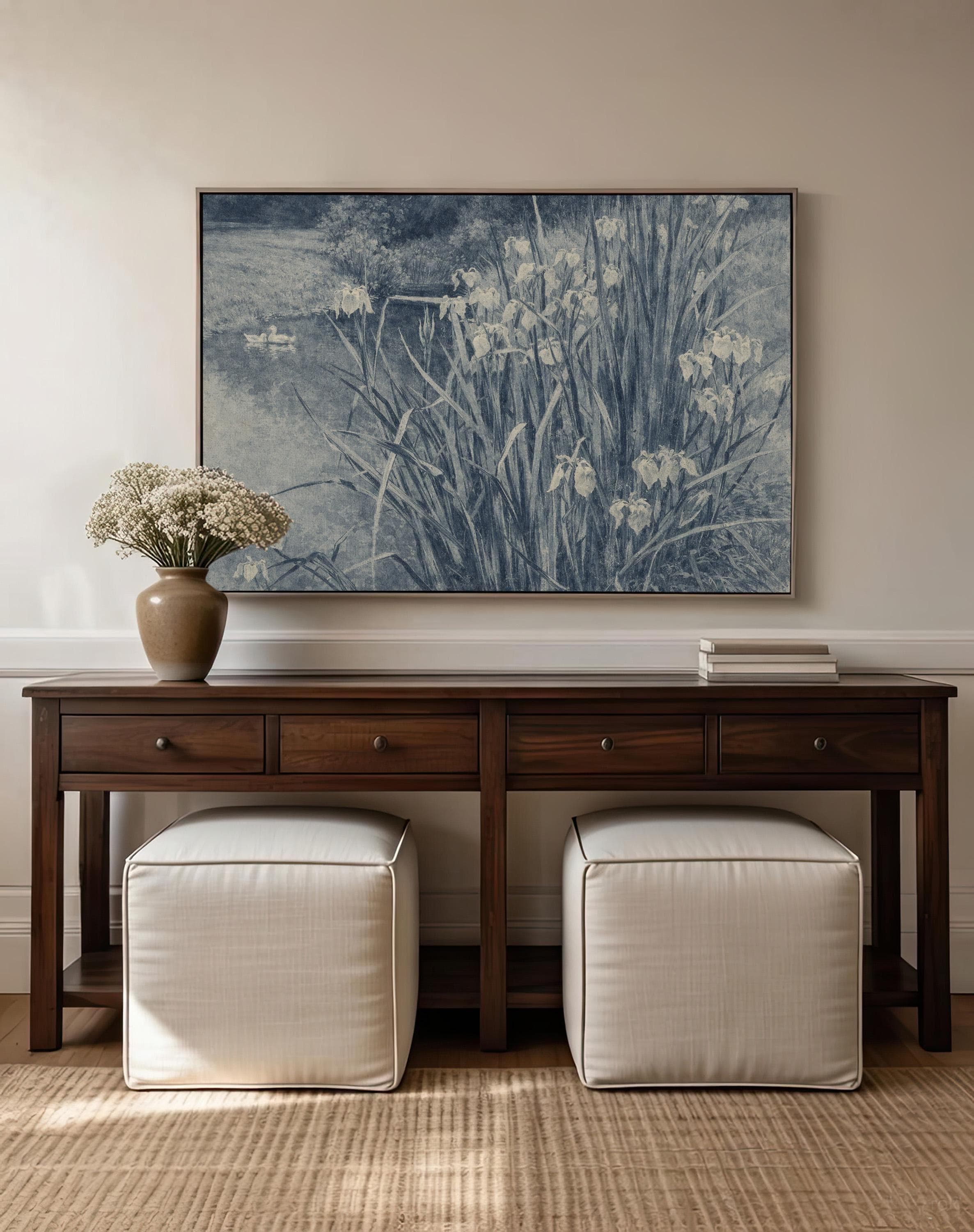 Blue Iris Pond Wall Art Print – Vintage Swan Landscape Artwork – French Country Cottage Decor – Moody Blue Nature Painting