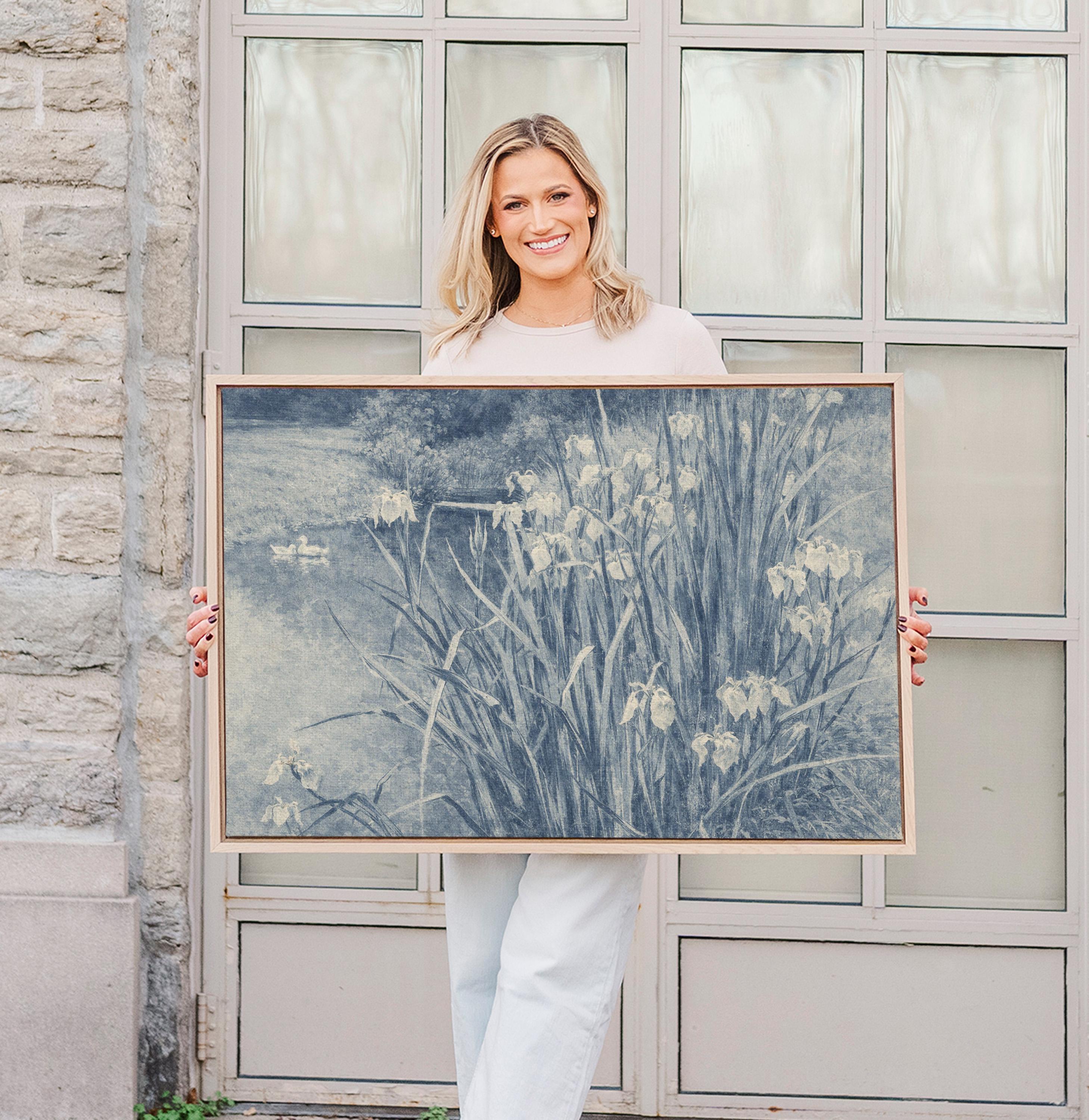 Blue Iris Pond Wall Art Print – Vintage Swan Landscape Artwork – French Country Cottage Decor – Moody Blue Nature Painting