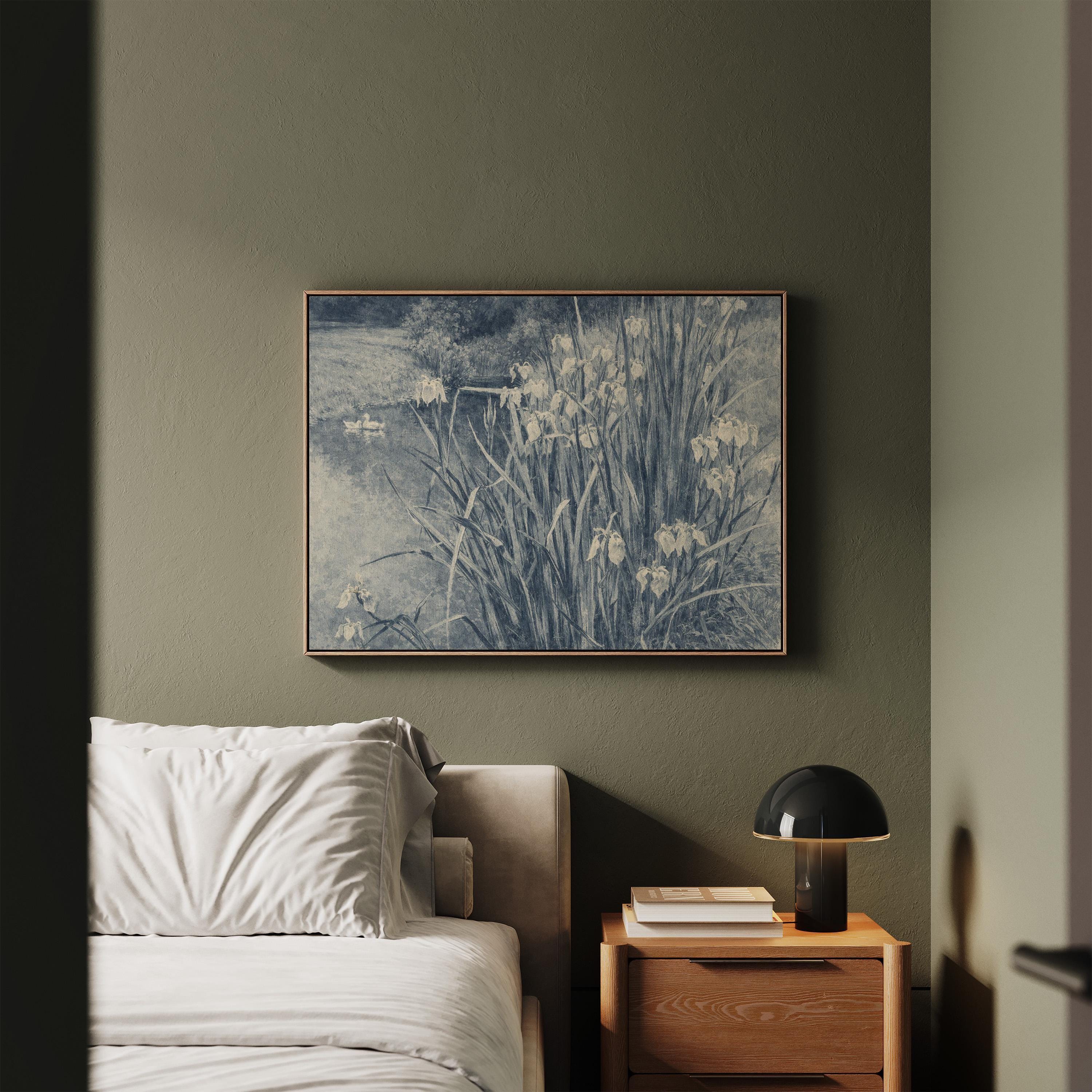 Blue Iris Pond Wall Art Print – Vintage Swan Landscape Artwork – French Country Cottage Decor – Moody Blue Nature Painting