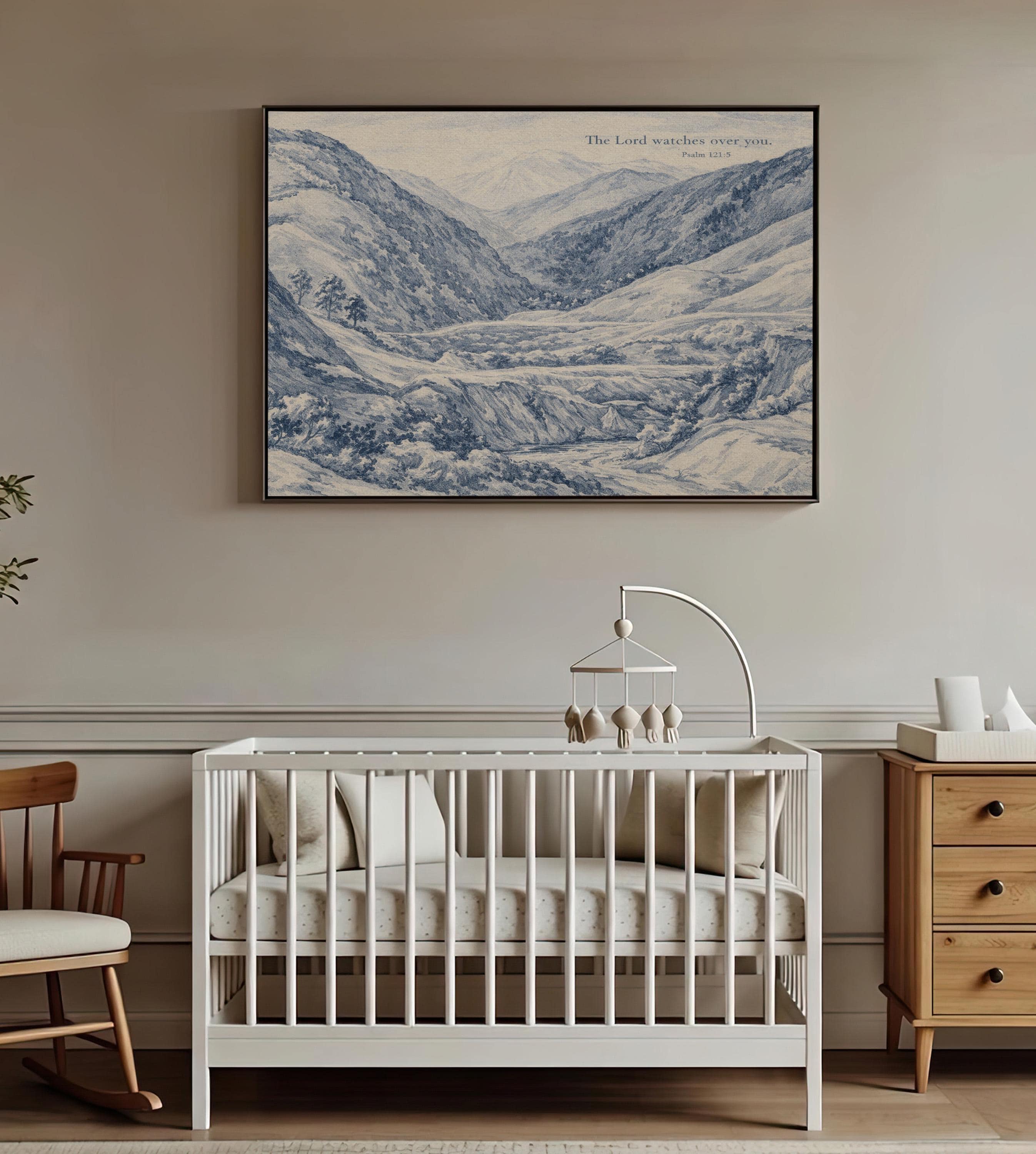 Psalm 121:5 Wall Art Print – The Lord Watches Over You – Blue Mountain Landscape Christian Wall Decor – Vintage Bible Verse Artwork