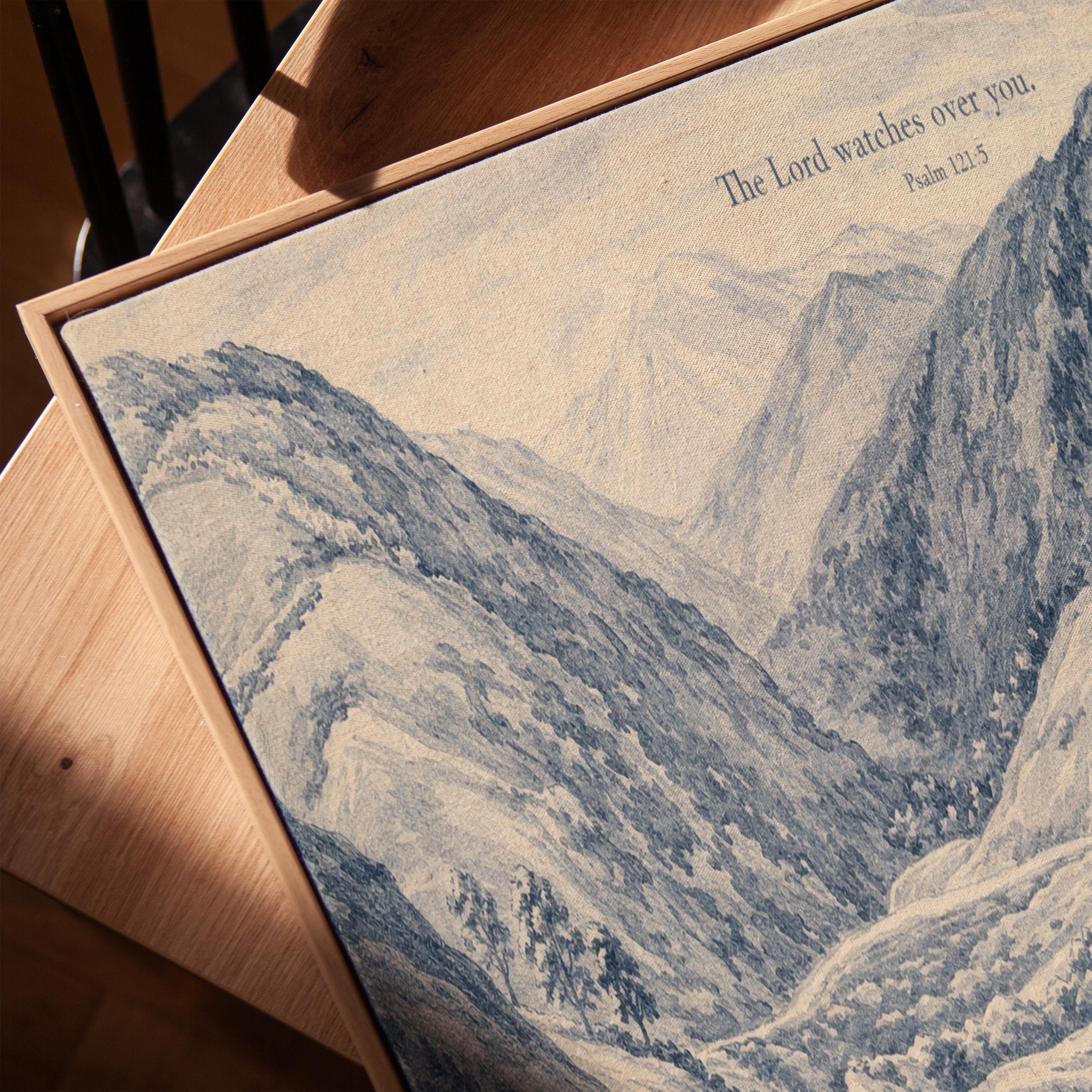 Psalm 121:5 Wall Art Print – The Lord Watches Over You – Blue Mountain Landscape Christian Wall Decor – Vintage Bible Verse Artwork