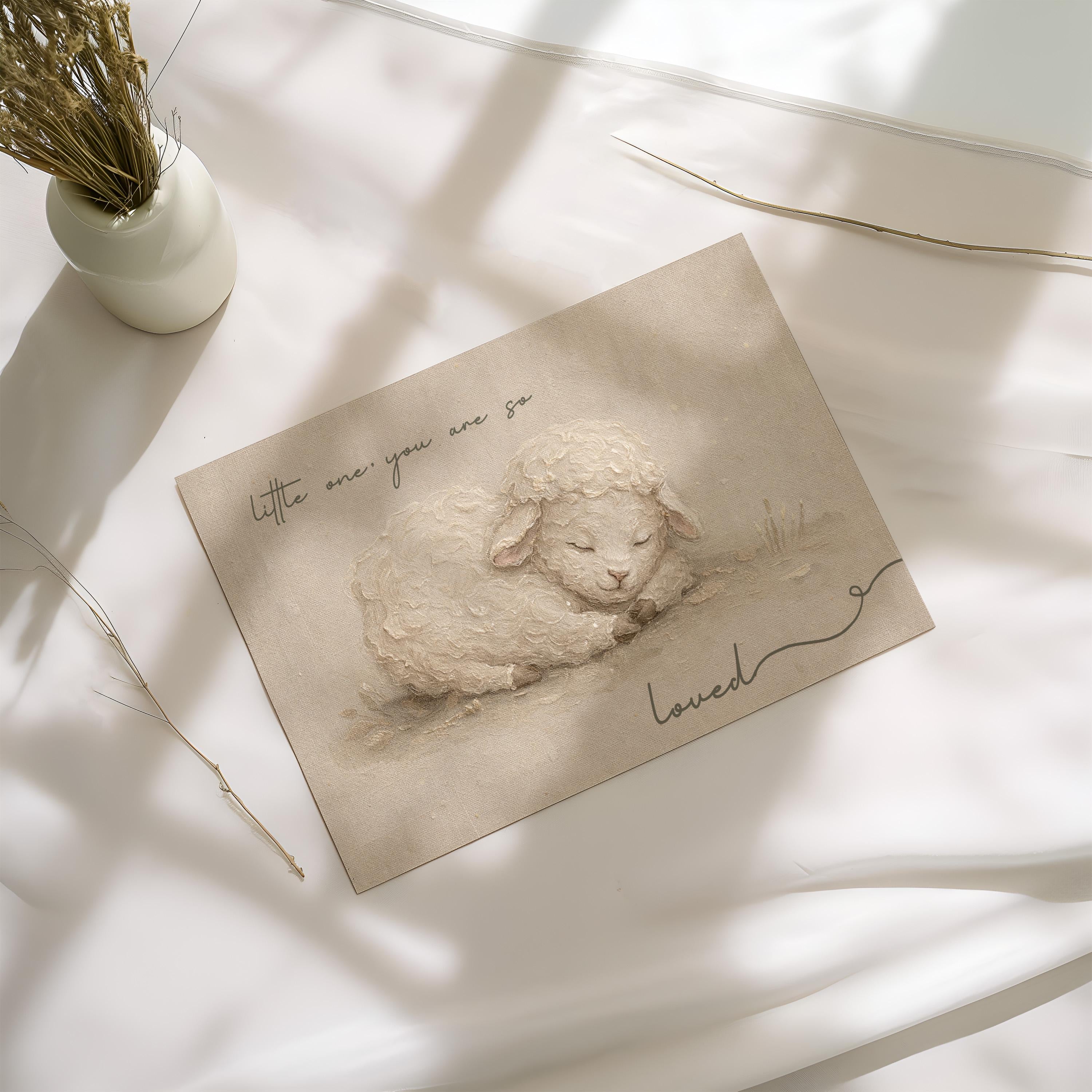 So Small, So Loved – Heirloom Lamb Nursery Print in Soft Linen Tones