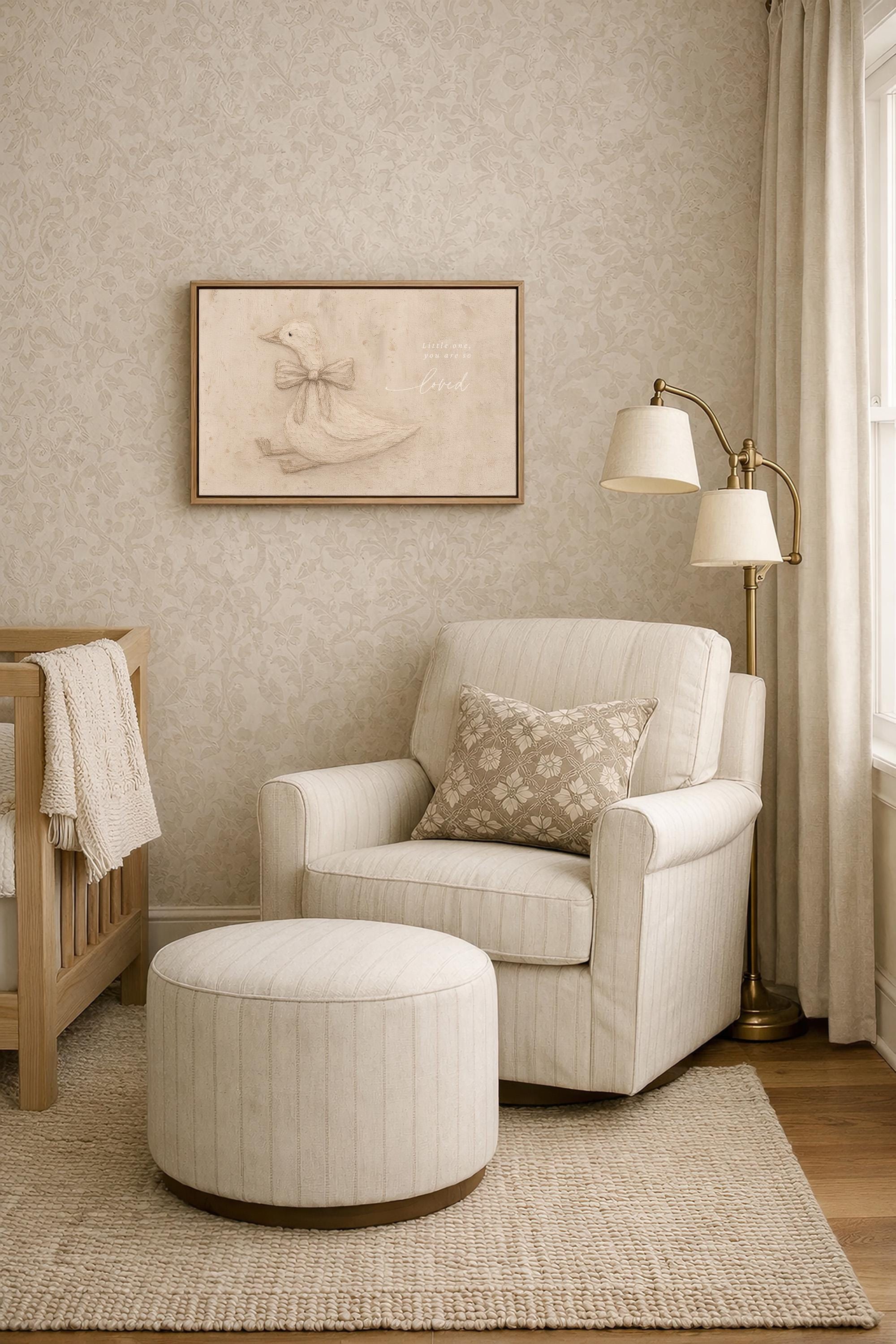 Neutral Duck Nursery Print – Little One You Are So Loved – Baby Girl Room Decor – Vintage Goose Wall Art – Soft Beige Nursery