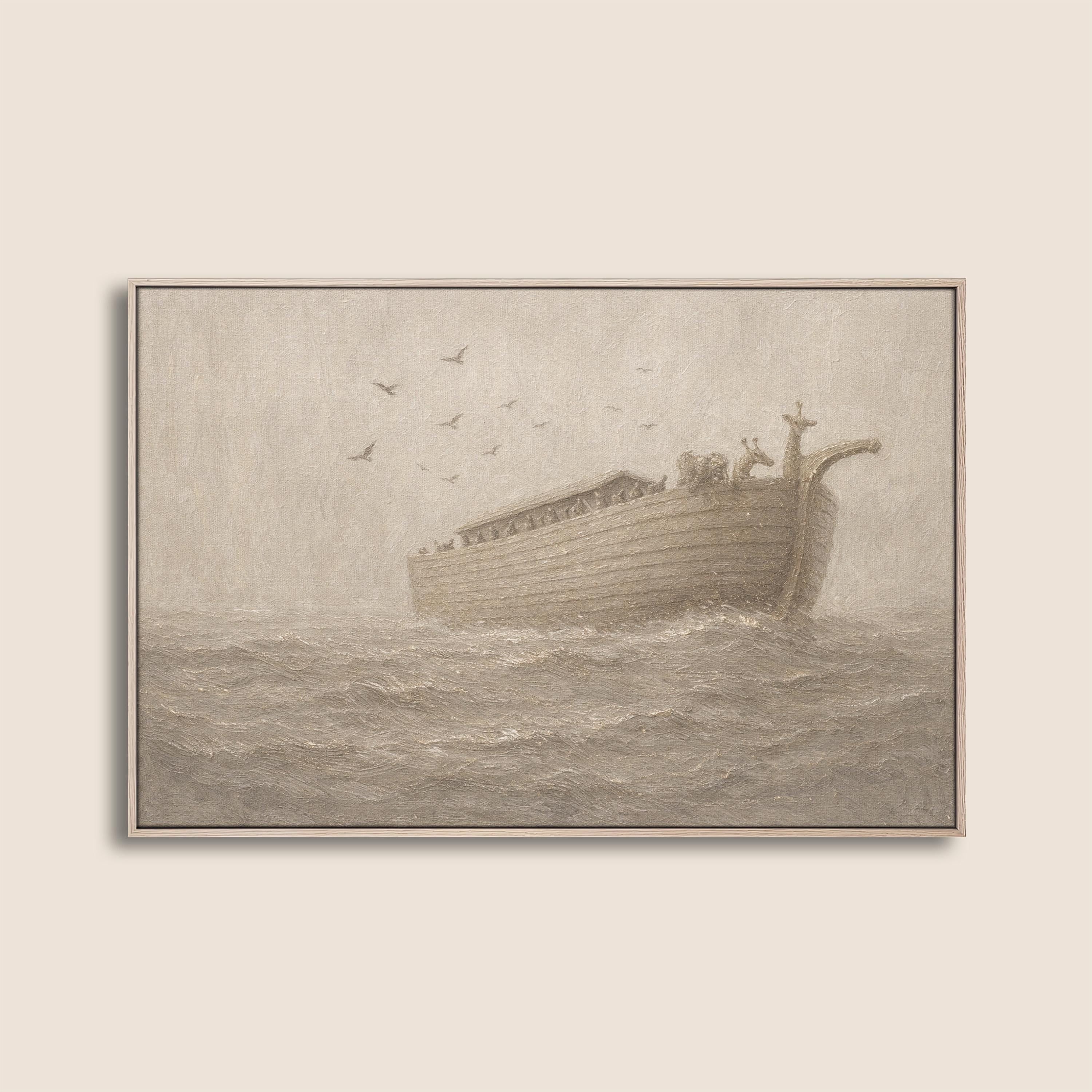 Noah’s Ark Nursery Wall Art – Neutral Christian Baby Room Decor – Vintage Bible Story Print – Beige Faith Nursery