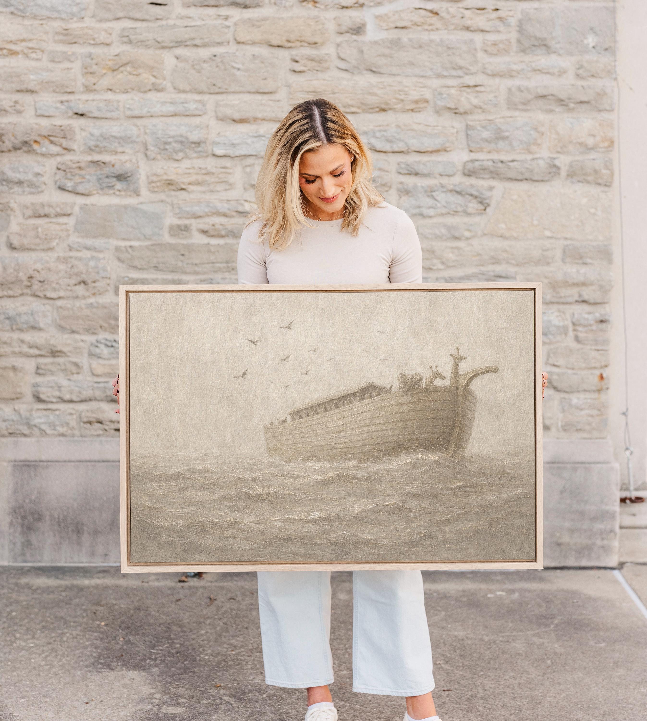 Noah’s Ark Nursery Wall Art – Neutral Christian Baby Room Decor – Vintage Bible Story Print – Beige Faith Nursery