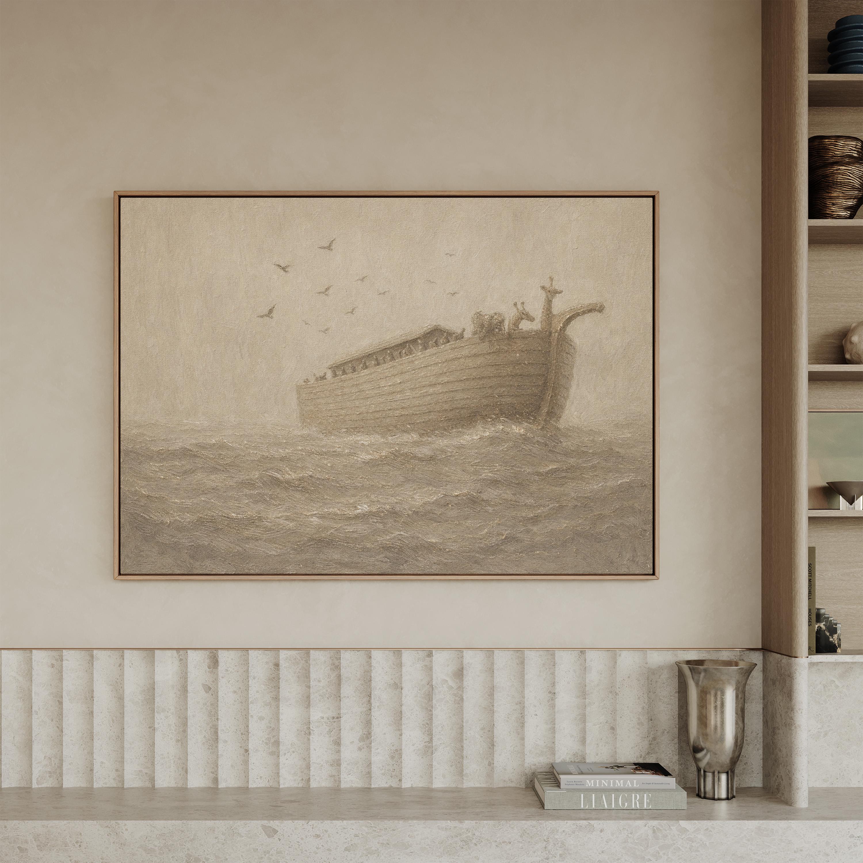 Noah’s Ark Nursery Wall Art – Neutral Christian Baby Room Decor – Vintage Bible Story Print – Beige Faith Nursery