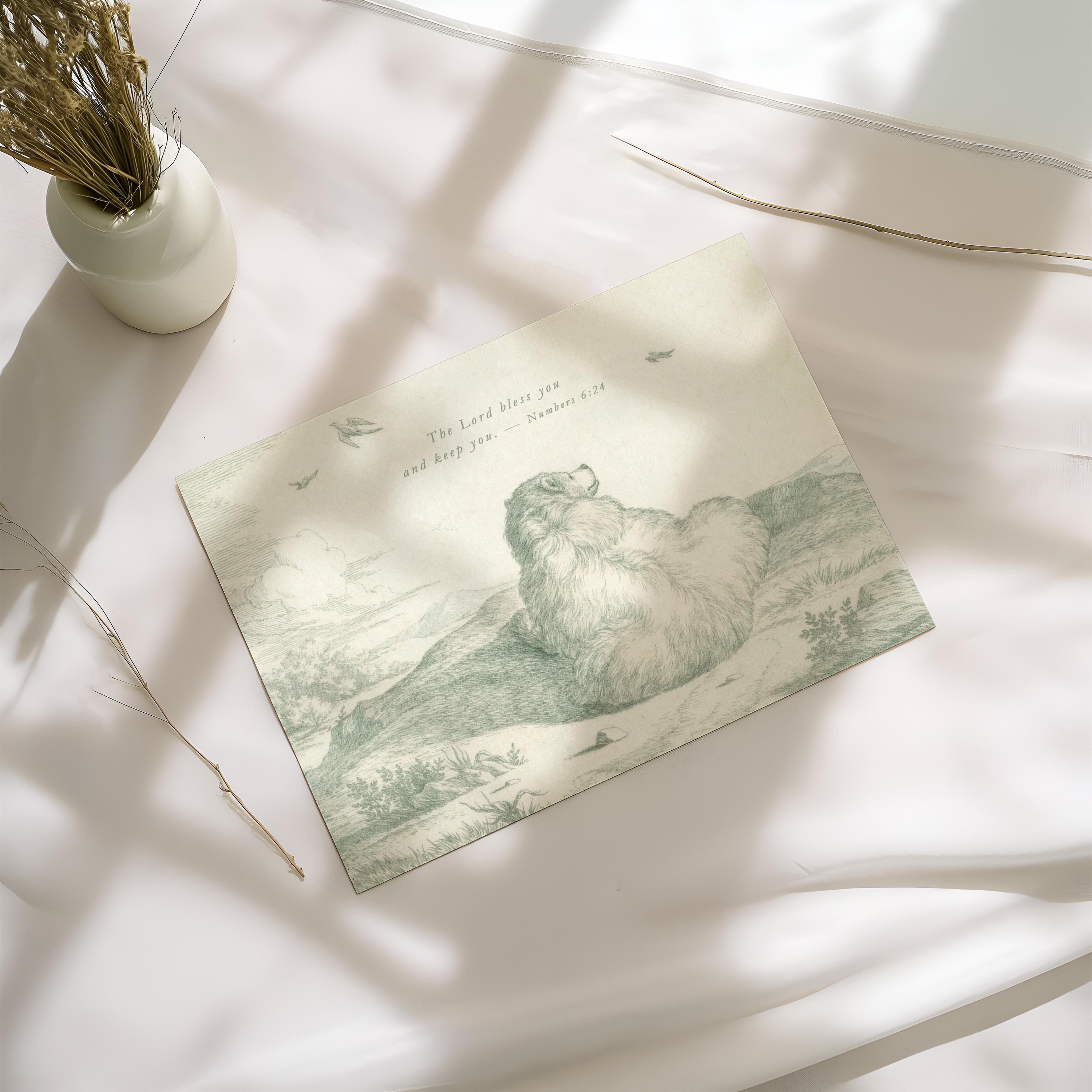 The Lord Bless You and Keep You Nursery Wall Art | Vintage Bear Christian Baby Room Decor | Numbers 6:24 Neutral Sage Printable