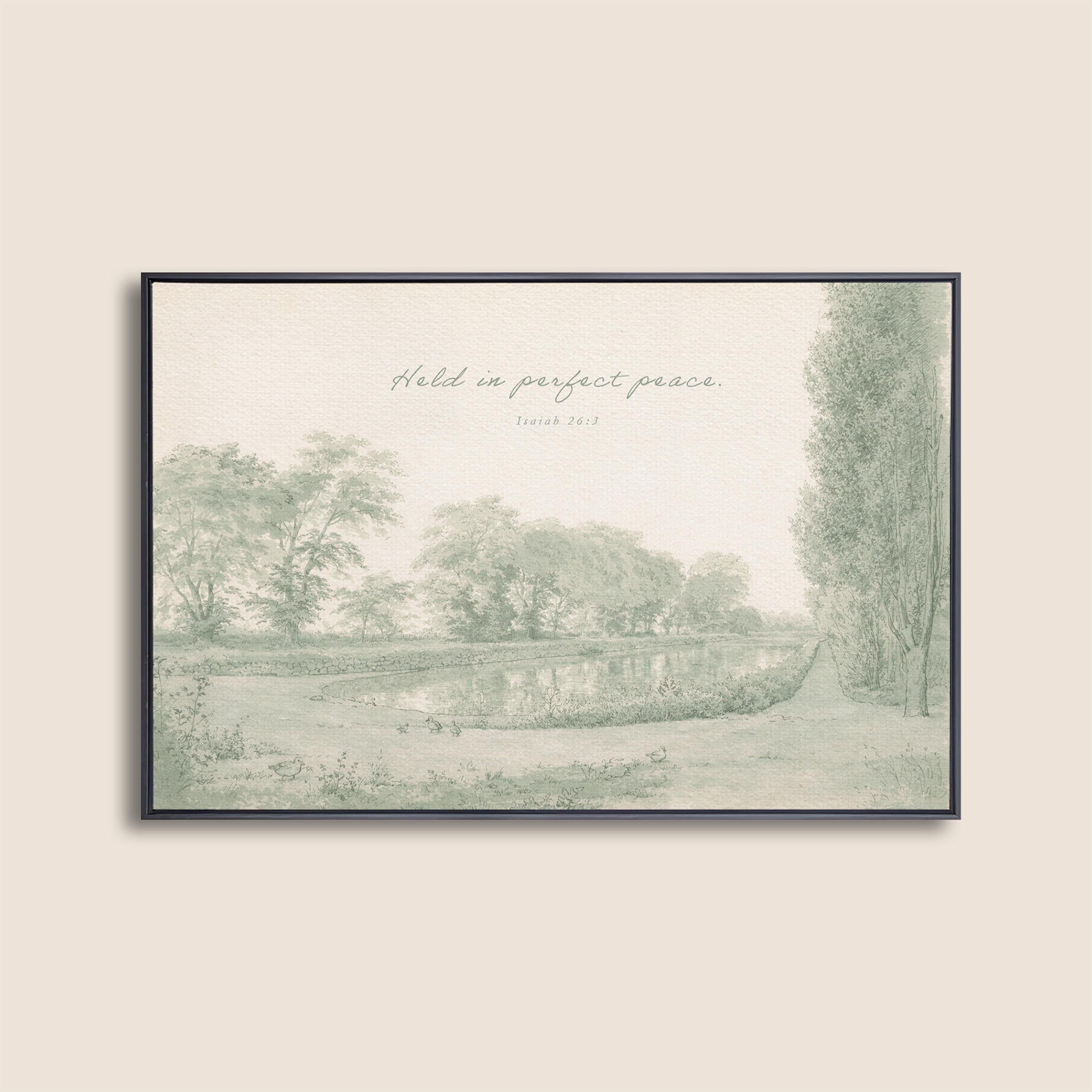 Held in Perfect Peace Nursery Wall Art | Isaiah 26:3 Christian Nursery Room Decor | Vintage Landscape Neutral Sage Print