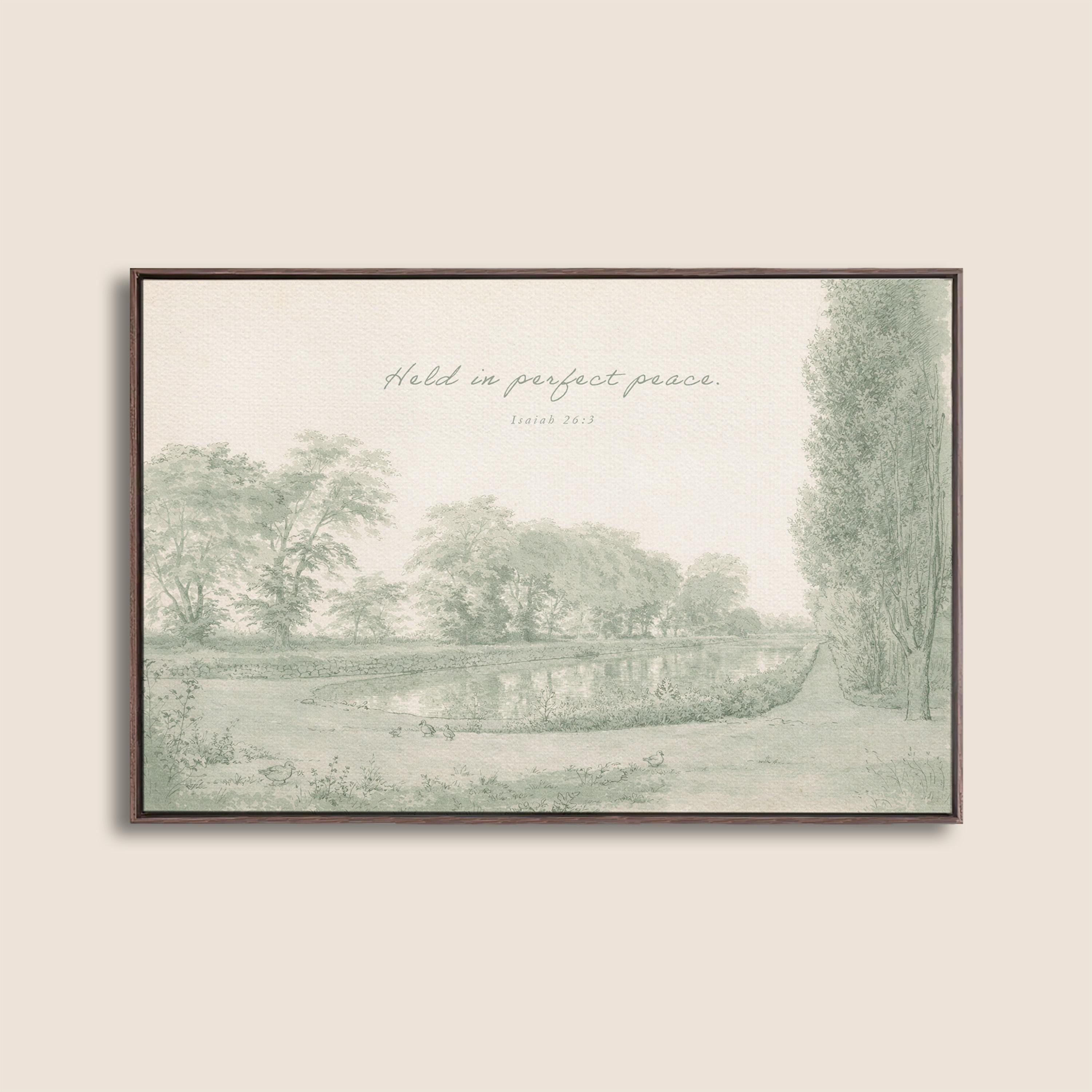 Held in Perfect Peace Nursery Wall Art | Isaiah 26:3 Christian Nursery Room Decor | Vintage Landscape Neutral Sage Print