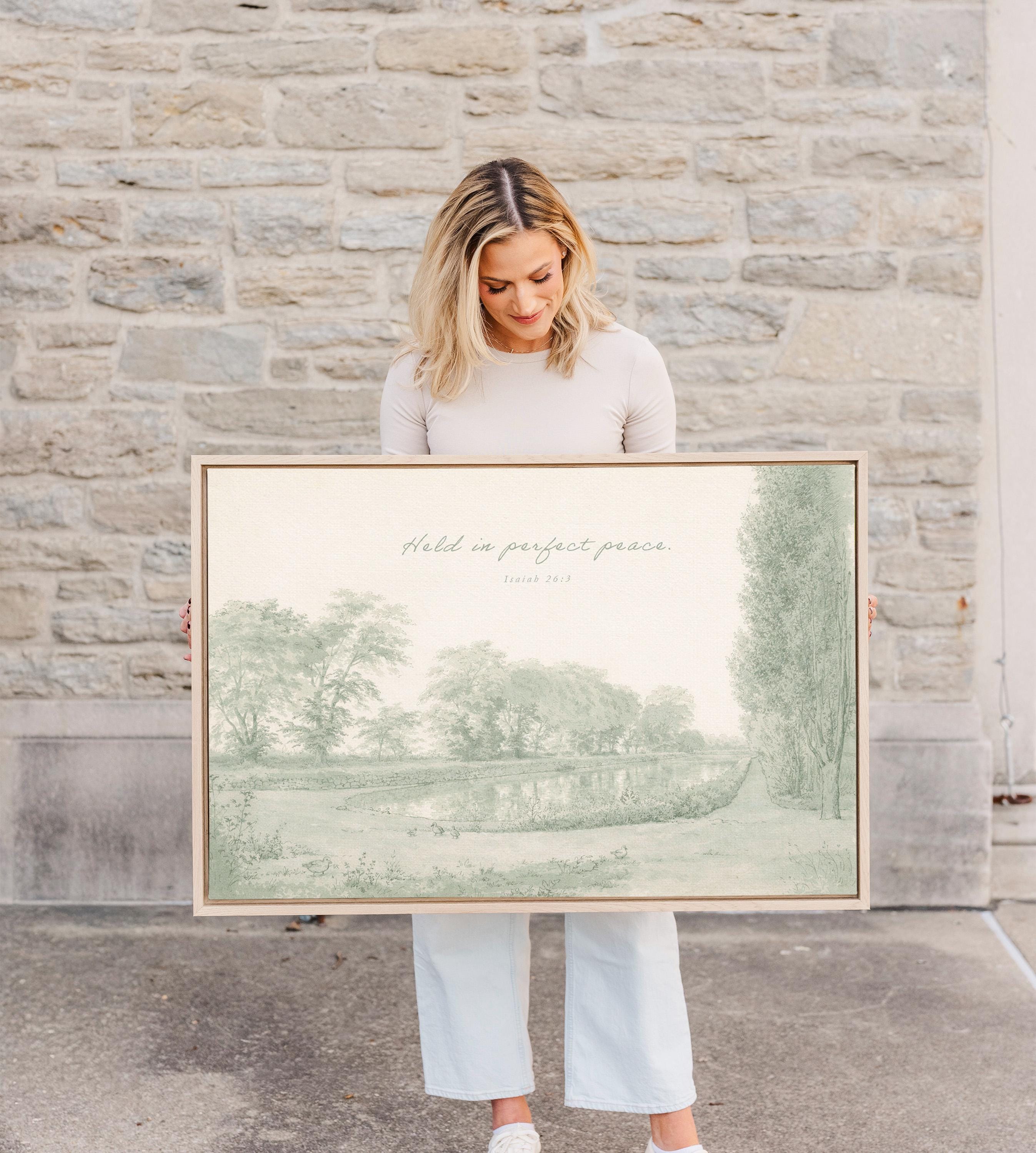 Held in Perfect Peace Nursery Wall Art | Isaiah 26:3 Christian Nursery Room Decor | Vintage Landscape Neutral Sage Print