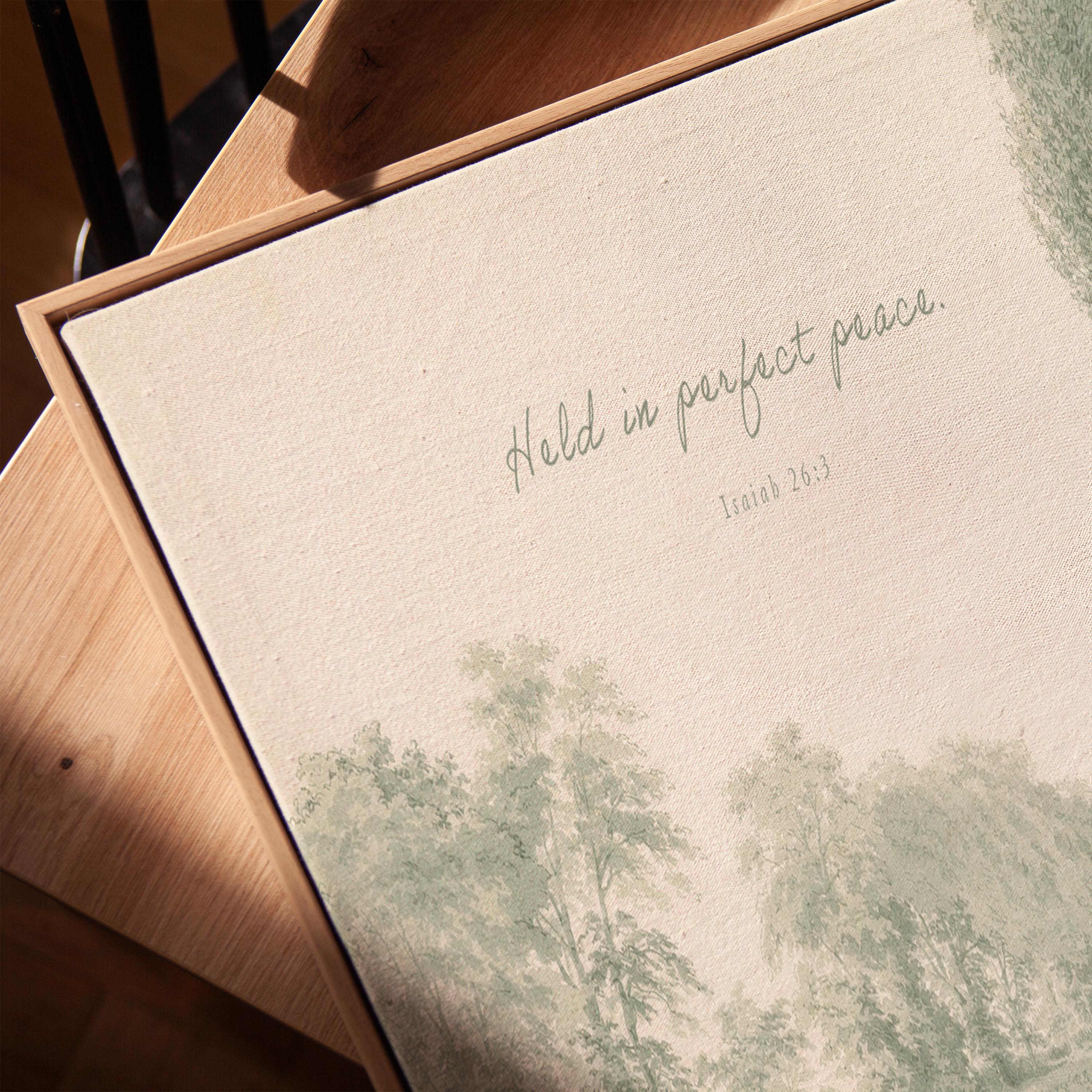 Held in Perfect Peace Nursery Wall Art | Isaiah 26:3 Christian Nursery Room Decor | Vintage Landscape Neutral Sage Print