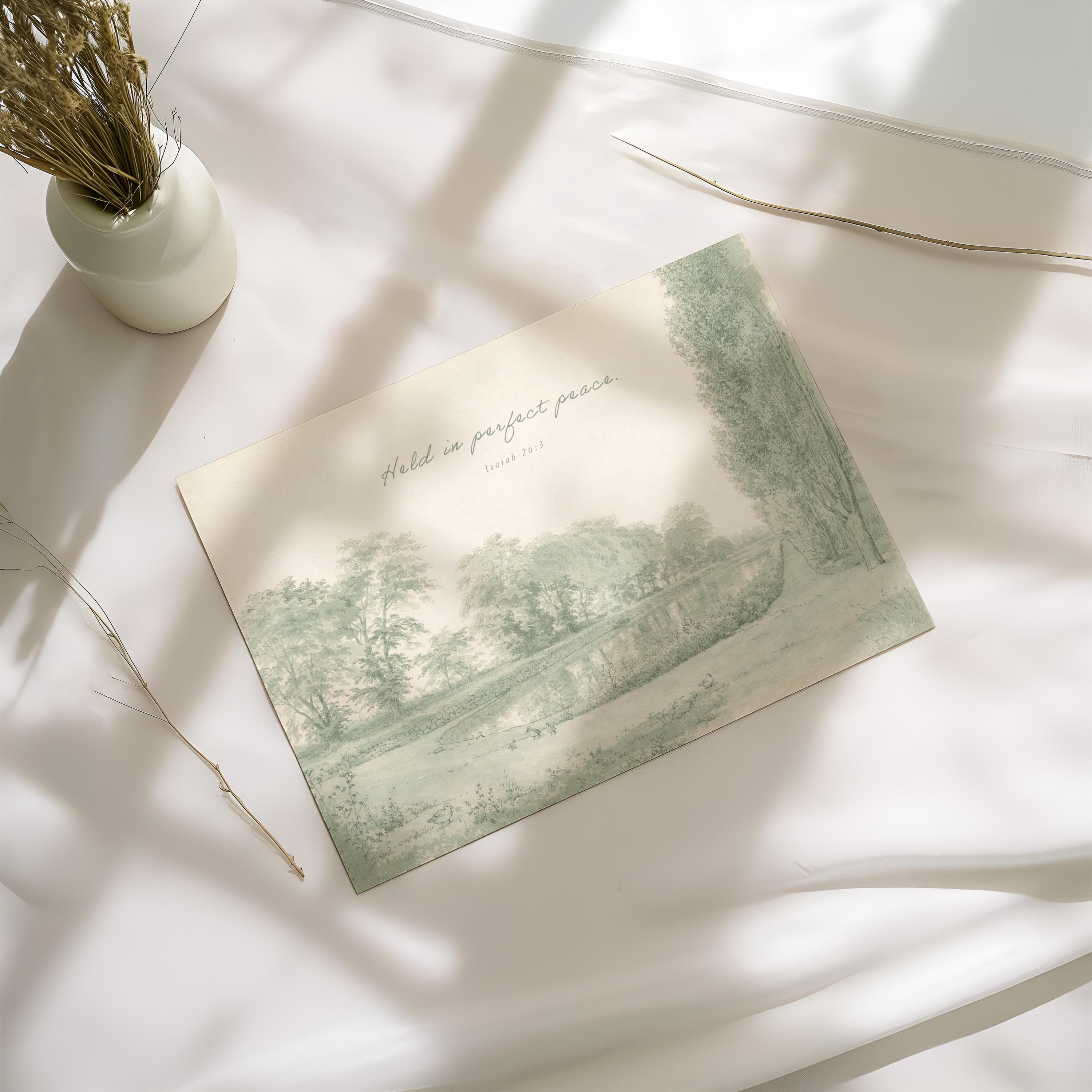 Held in Perfect Peace Nursery Wall Art | Isaiah 26:3 Christian Nursery Room Decor | Vintage Landscape Neutral Sage Print