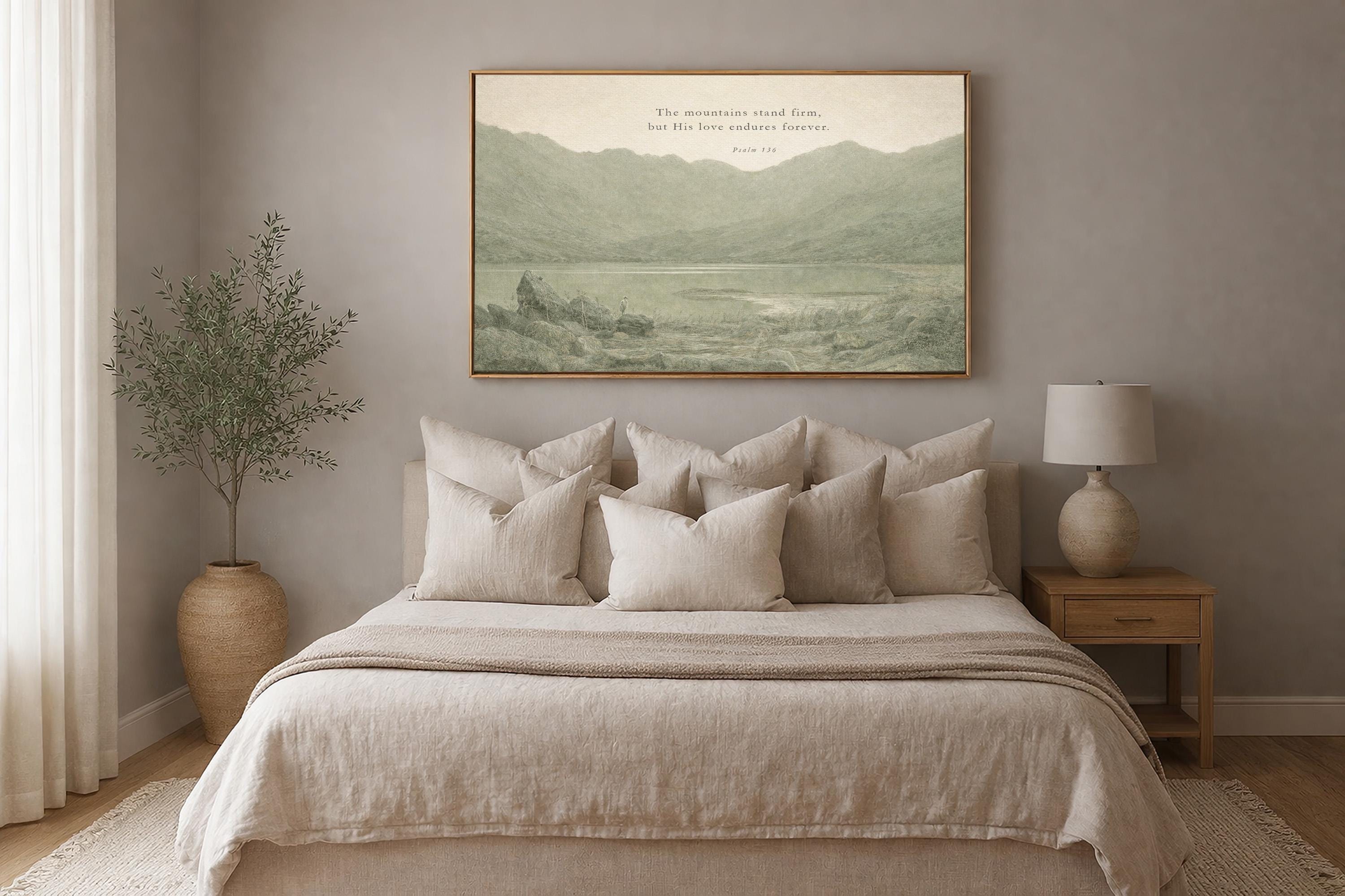 The Mountains Stand Firm Christian Wall Art | Psalm 136 Scripture Print | Neutral Green Landscape Faith Home Decor