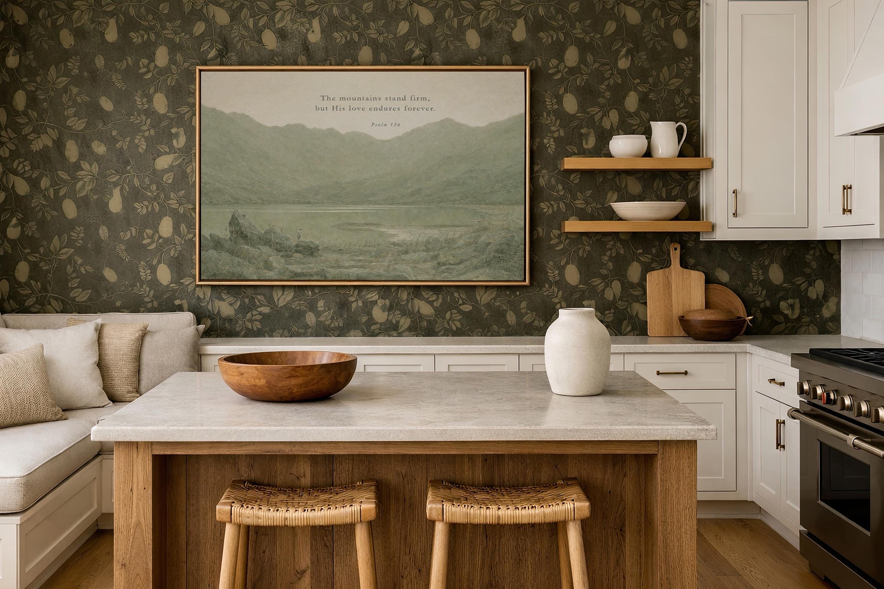 The Mountains Stand Firm Christian Wall Art | Psalm 136 Scripture Print | Neutral Green Landscape Faith Home Decor