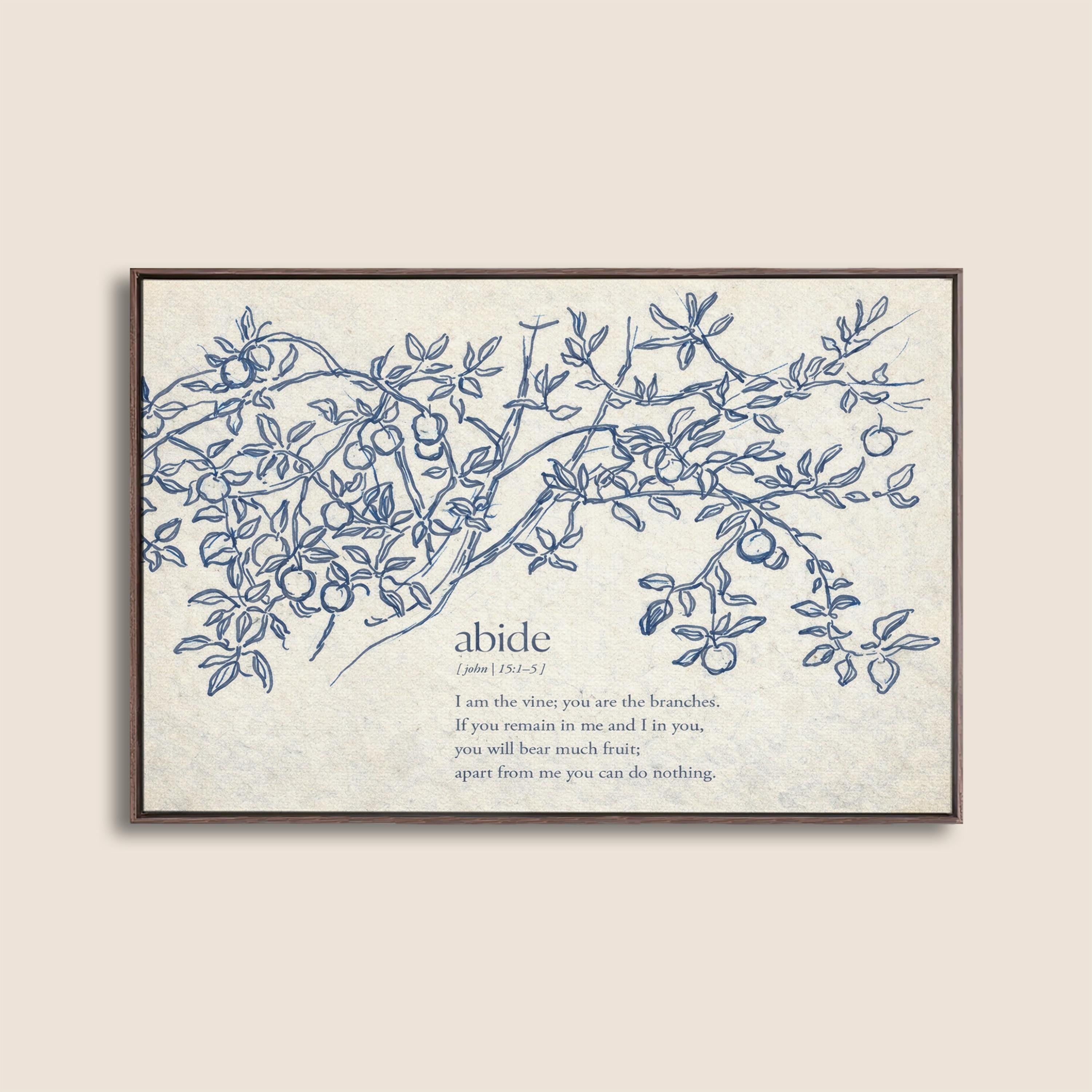 John 15:5 Abide in Me Print – Neutral Christian Wall Art – Vintage Vine Botanical Scripture – Faith Based Farmhouse Home Decor