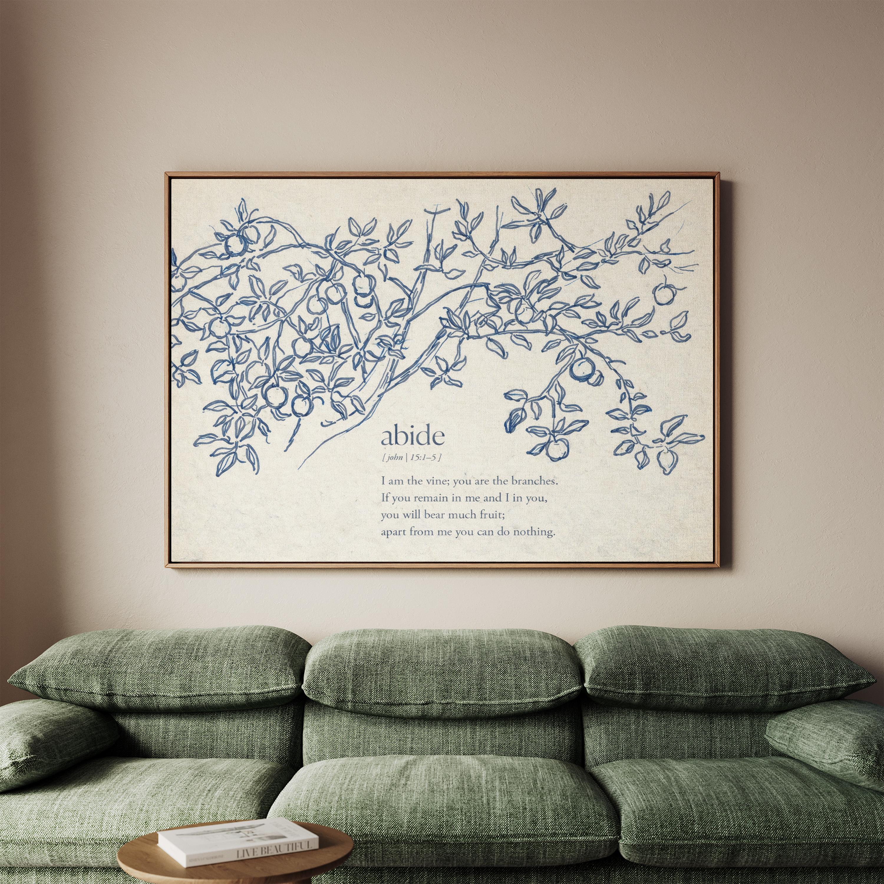 John 15:5 Abide in Me Print – Neutral Christian Wall Art – Vintage Vine Botanical Scripture – Faith Based Farmhouse Home Decor