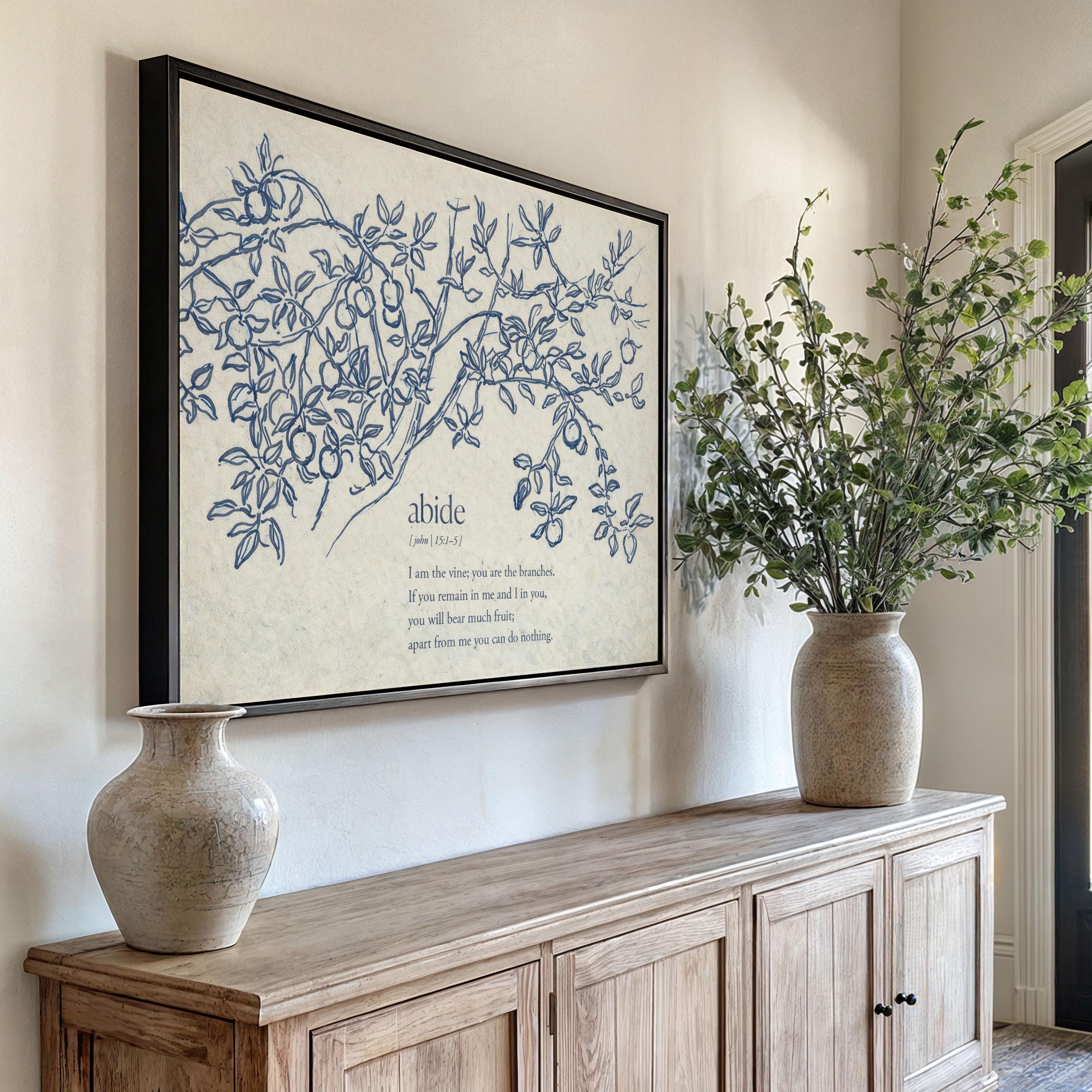 John 15:5 Abide in Me Print – Neutral Christian Wall Art – Vintage Vine Botanical Scripture – Faith Based Farmhouse Home Decor