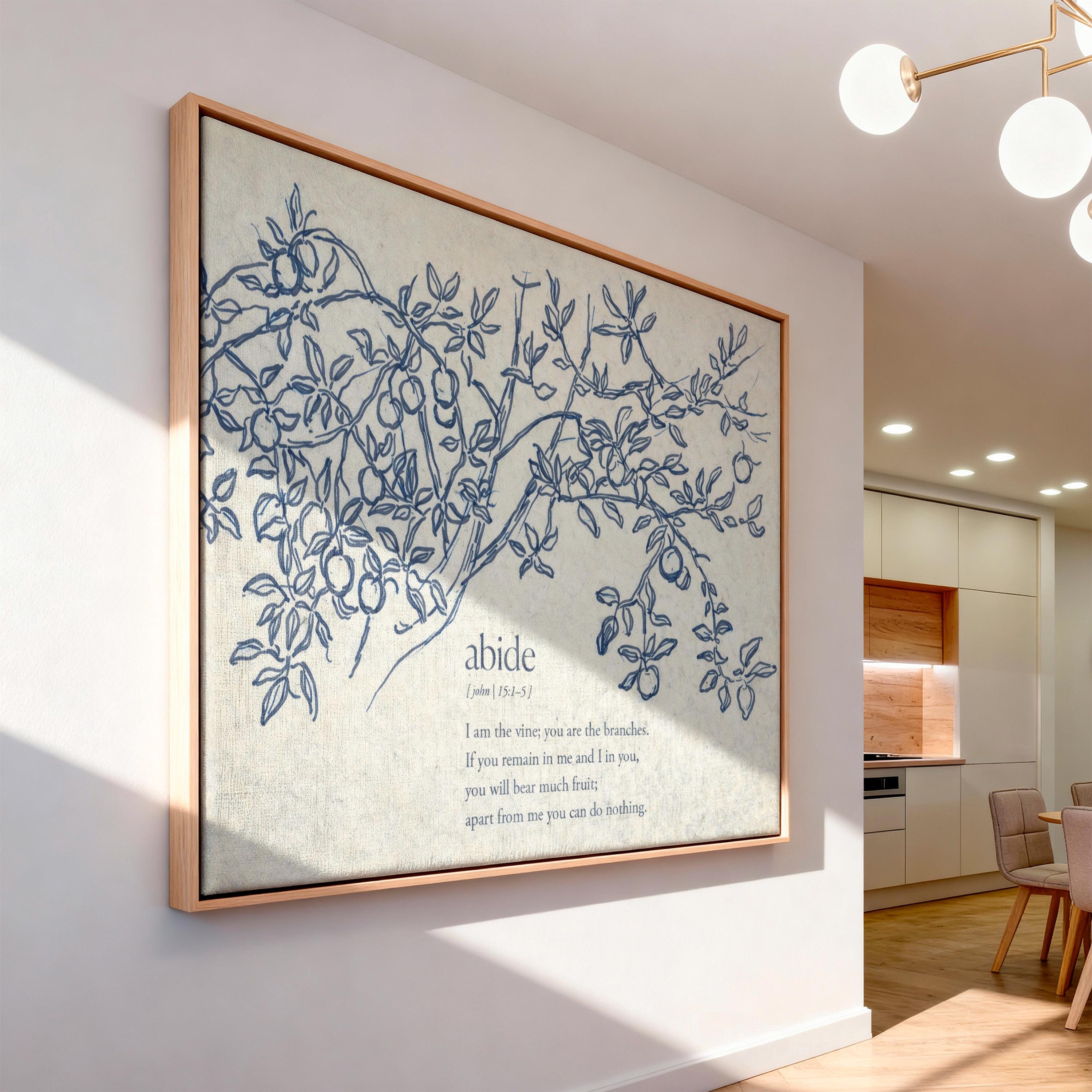 John 15:5 Abide in Me Print – Neutral Christian Wall Art – Vintage Vine Botanical Scripture – Faith Based Farmhouse Home Decor