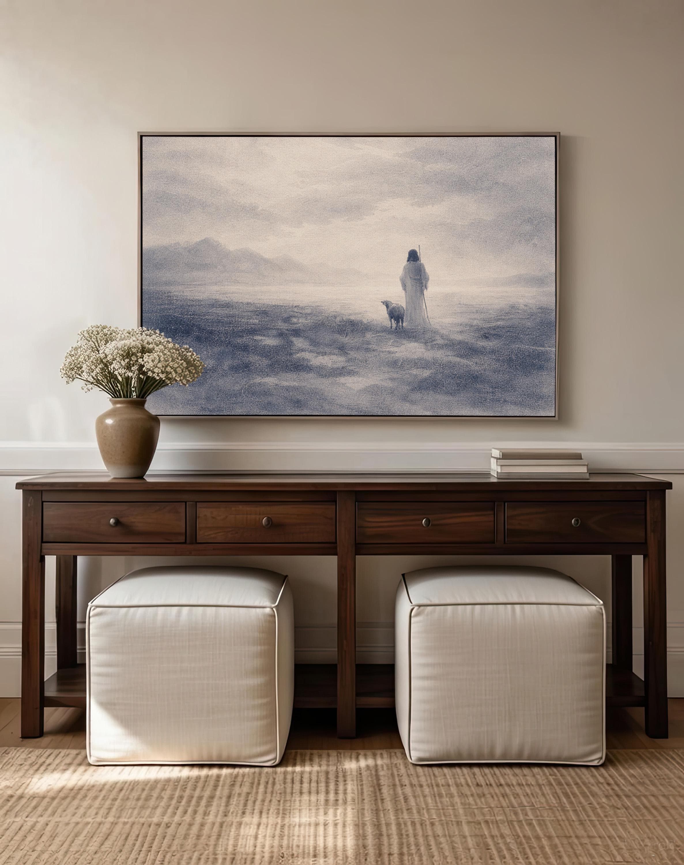Good Shepherd Wall Art – Jesus Print – Neutral Christian Wall Decor – Psalm 23 Inspired Faith Artwork – Vintage Biblical Farmhouse Art