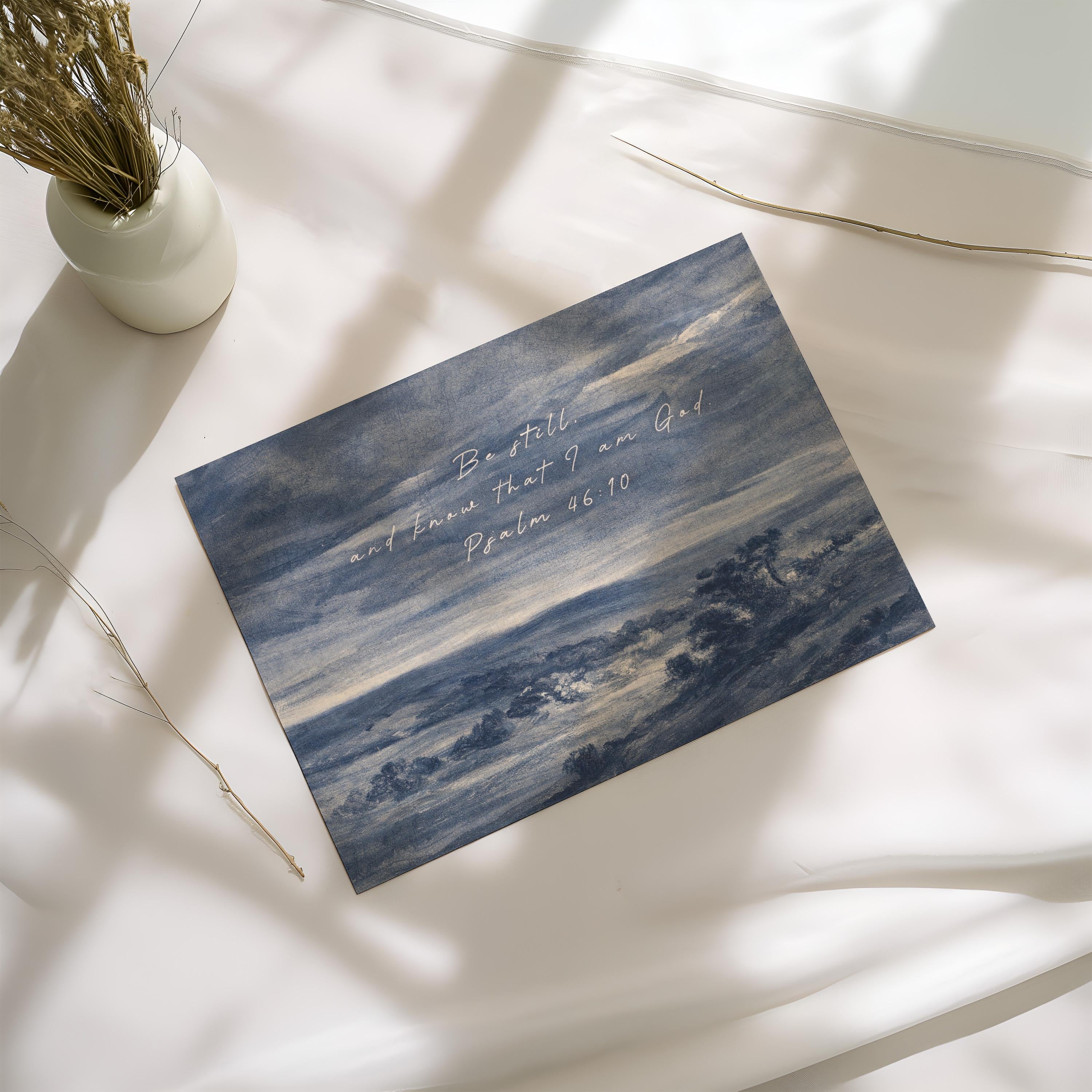 Be Still Wall Art – Psalm 46:10 Scripture Print – Neutral Christian Wall Decor – Moody Coastal Faith Artwork – Farmhouse Bible Verse Art