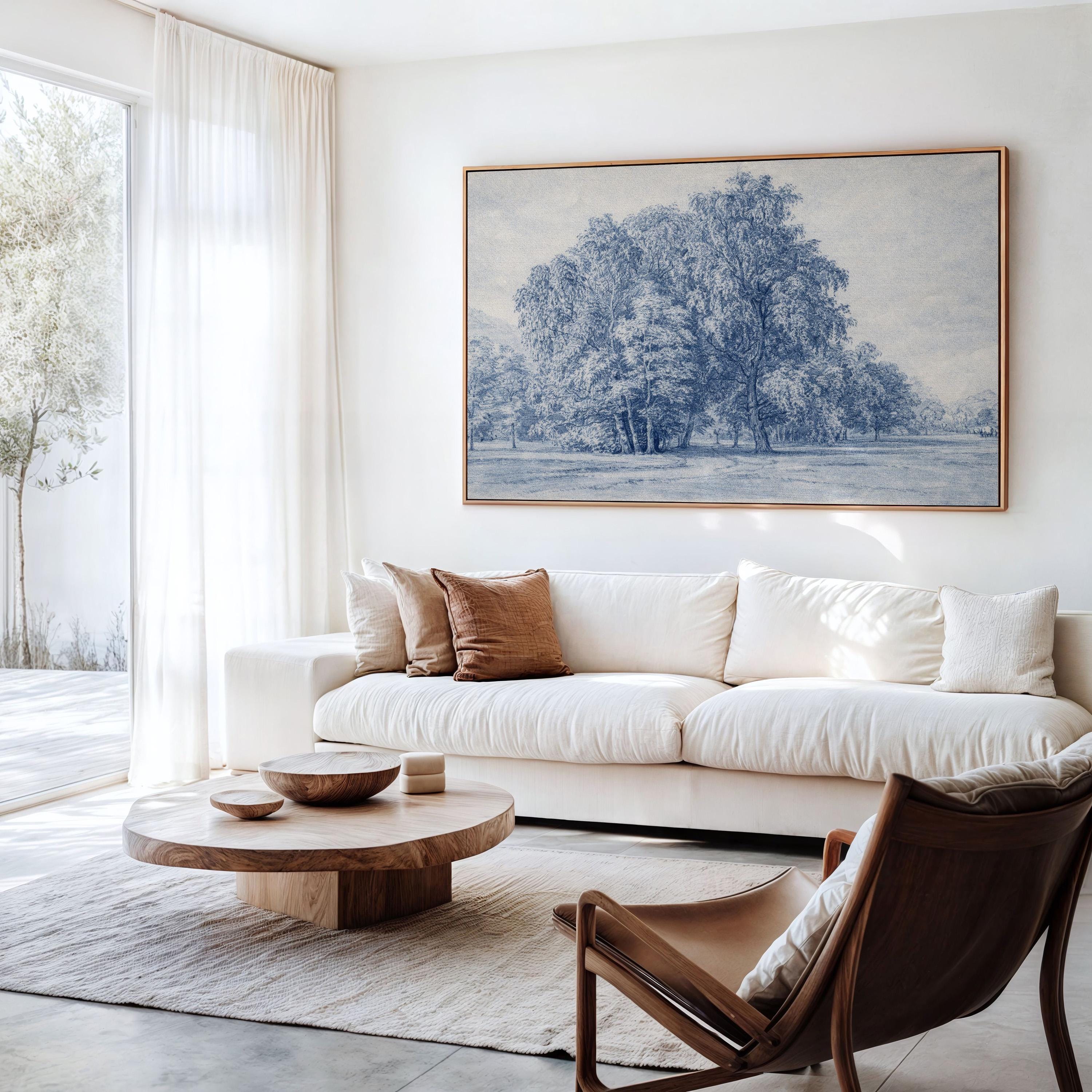 Blue Vintage Landscape Wall Art – Neutral French Country Tree Print – Moody Farmhouse Wall Decor – Classic European Pastoral Artwork