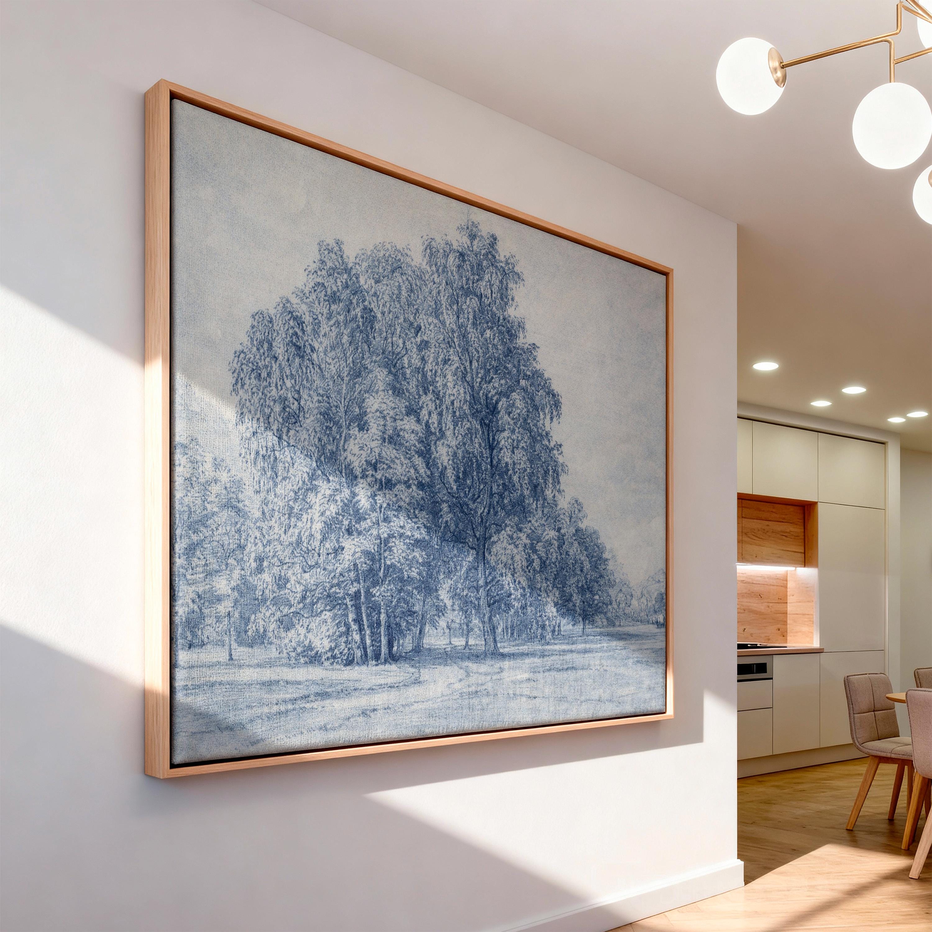 Blue Vintage Landscape Wall Art – Neutral French Country Tree Print – Moody Farmhouse Wall Decor – Classic European Pastoral Artwork