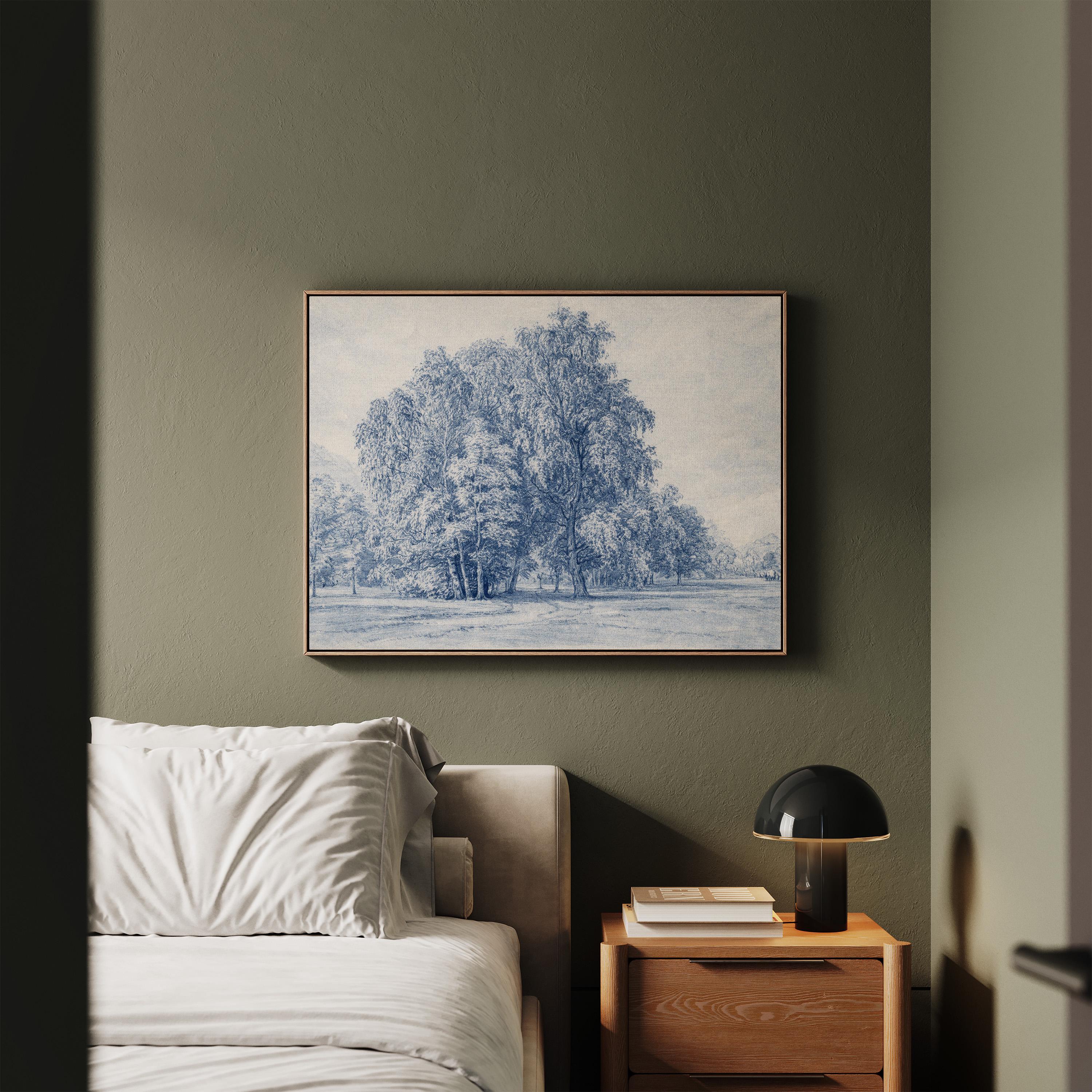Blue Vintage Landscape Wall Art – Neutral French Country Tree Print – Moody Farmhouse Wall Decor – Classic European Pastoral Artwork