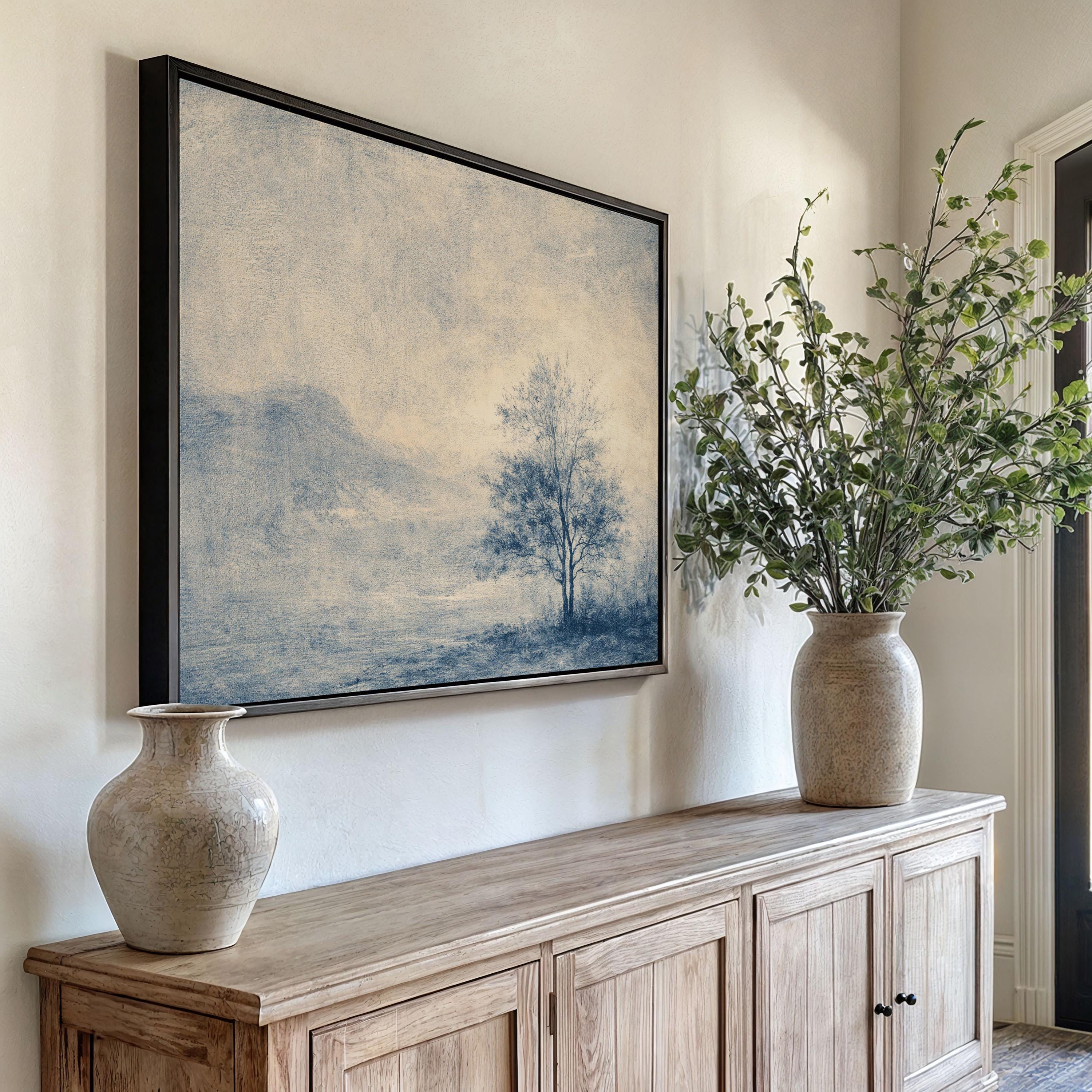 Blue Landscape Wall Art Print, Neutral Wall Decor for Living Room, Vintage Minimalist Canvas Art