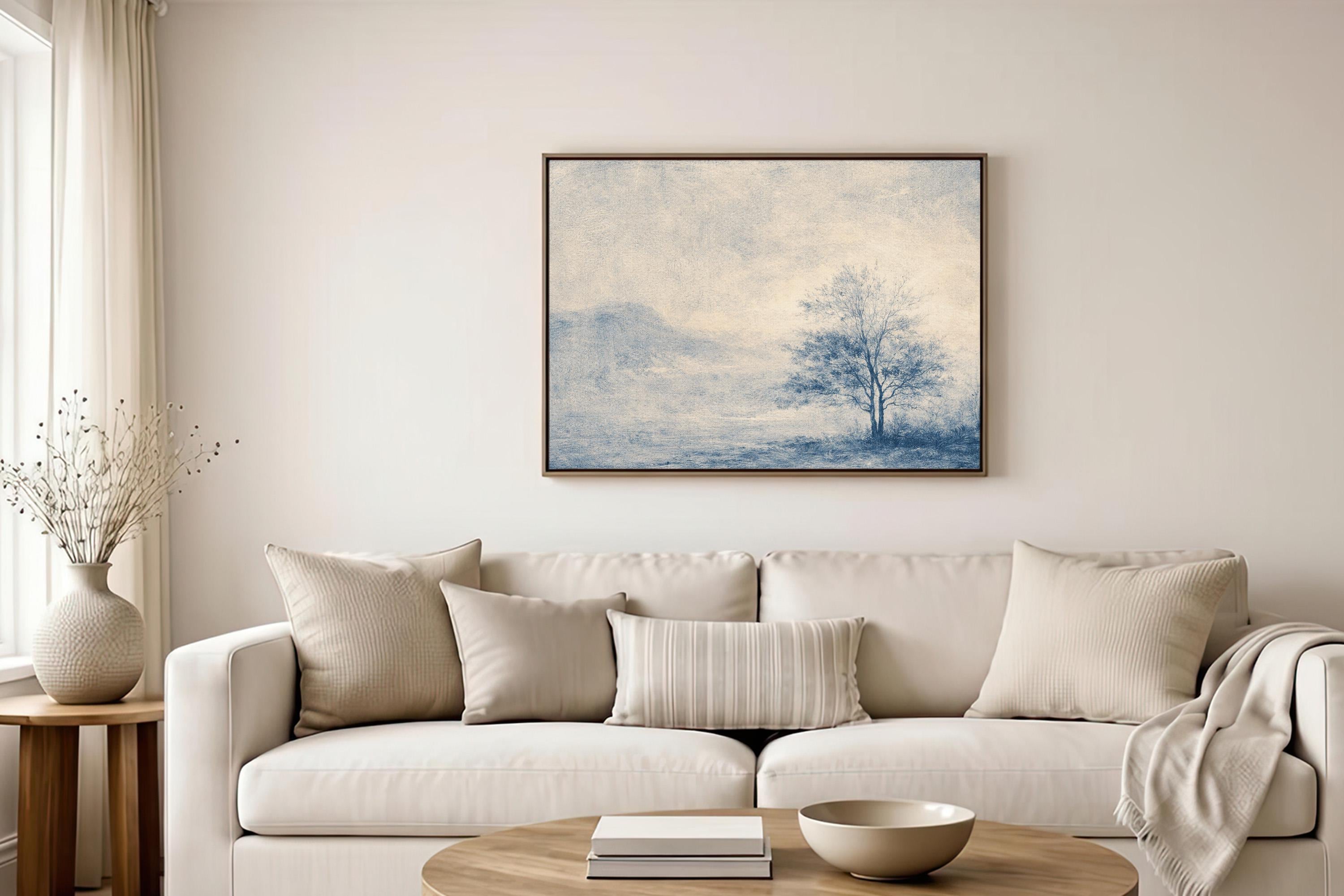 Blue Landscape Wall Art Print, Neutral Wall Decor for Living Room, Vintage Minimalist Canvas Art