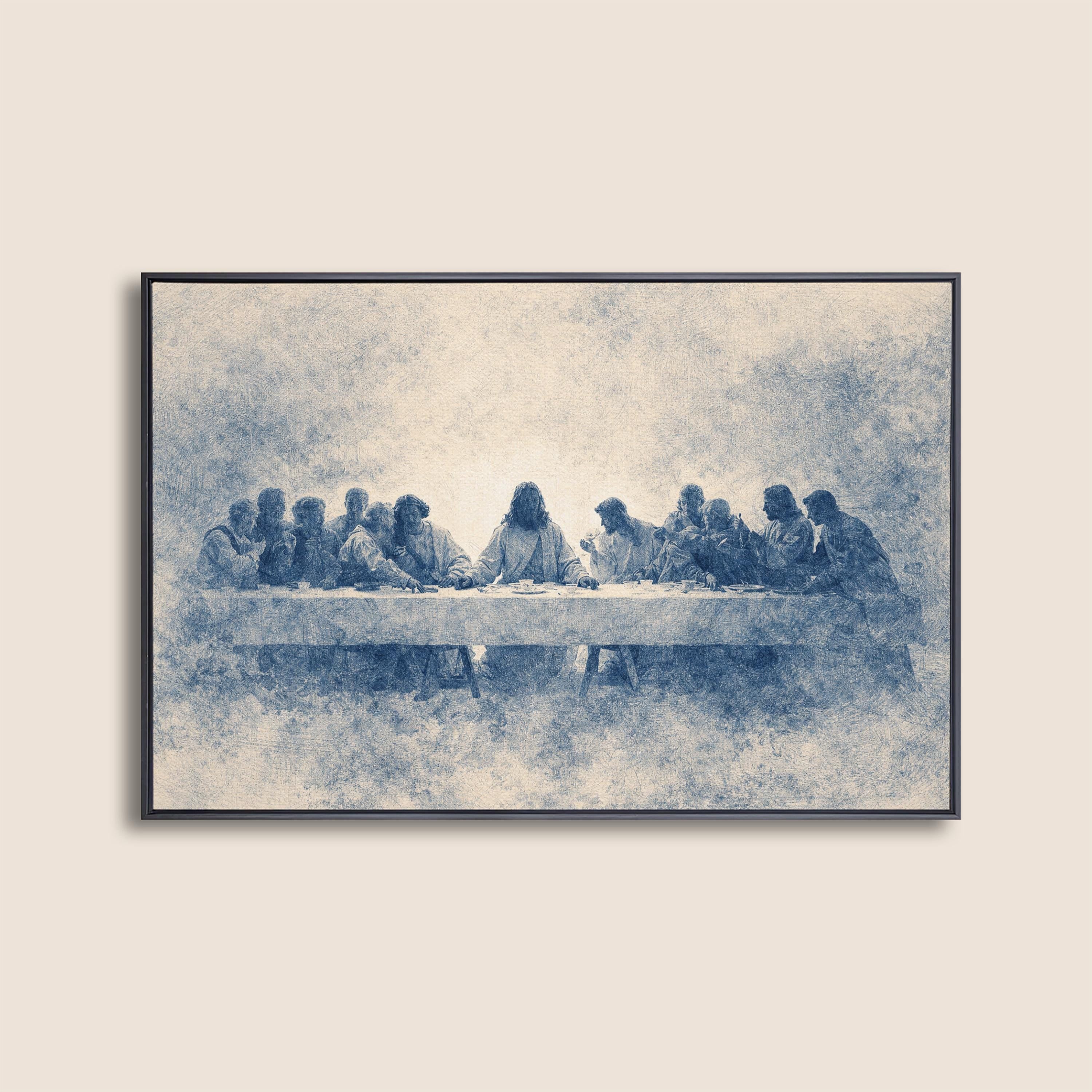 Last Supper Wall Art Print, Blue Vintage Christian Canvas, Neutral Religious Wall Decor, Large Biblical Artwork for Dining Room