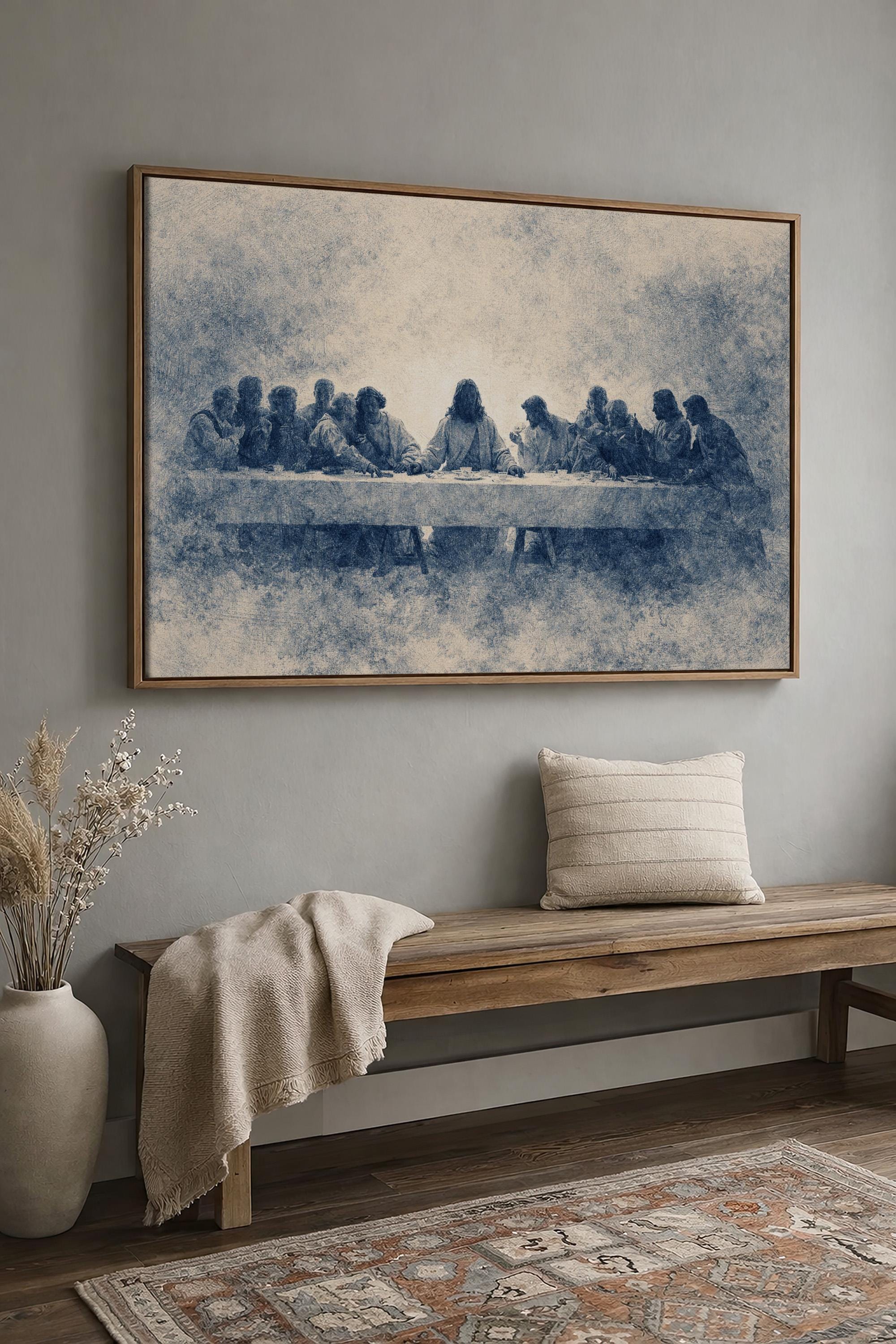 Last Supper Wall Art Print, Blue Vintage Christian Canvas, Neutral Religious Wall Decor, Large Biblical Artwork for Dining Room