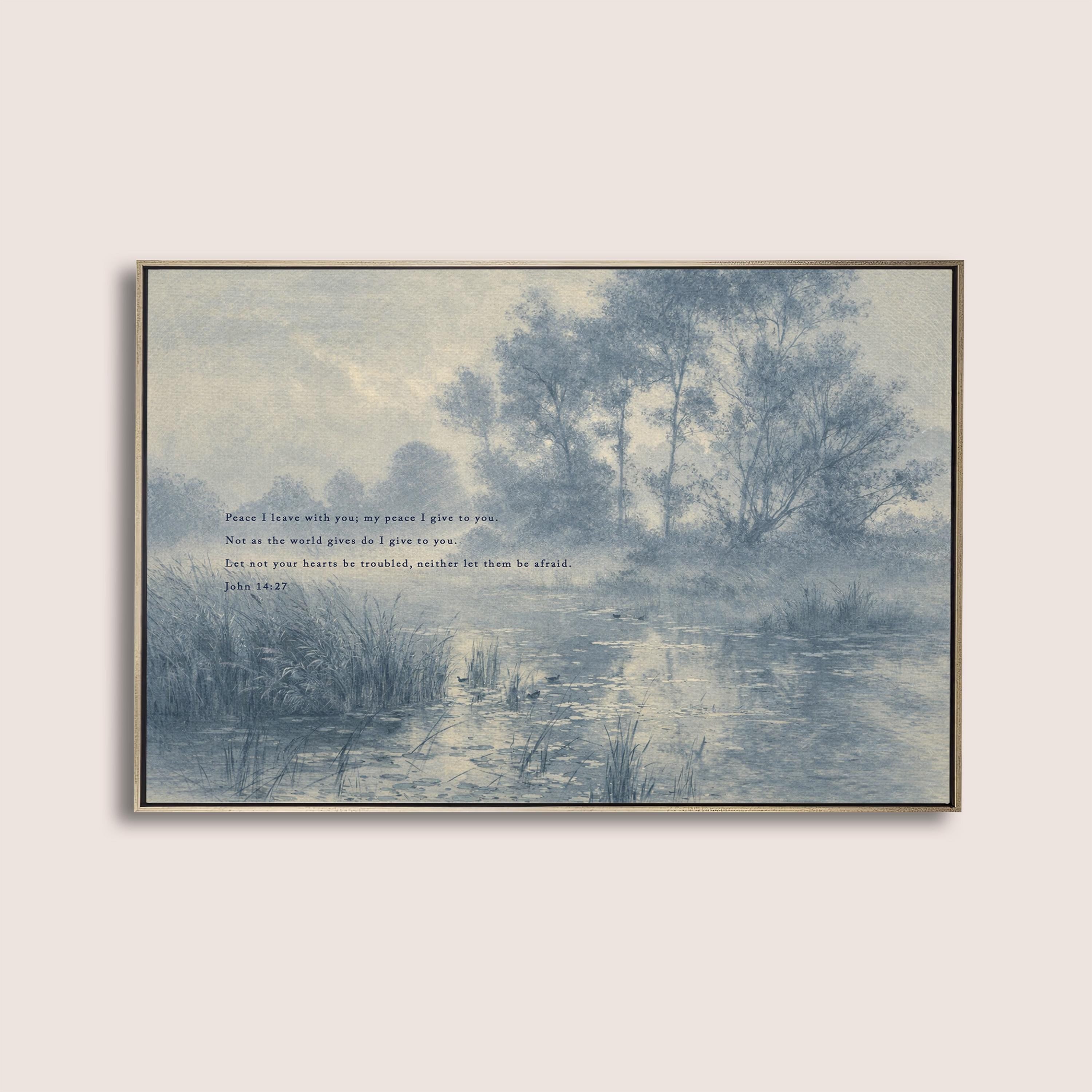 John 14:27 Bible Verse Wall Art, Peace I Leave with You Scripture Print, Blue Vintage Landscape Christian Home Decor, Neutral Faith Art