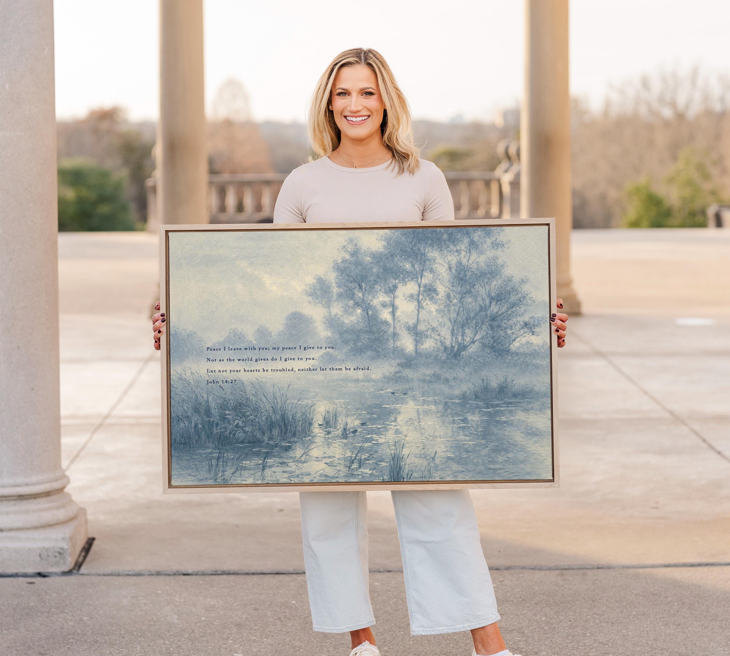 John 14:27 Bible Verse Wall Art, Peace I Leave with You Scripture Print, Blue Vintage Landscape Christian Home Decor, Neutral Faith Art