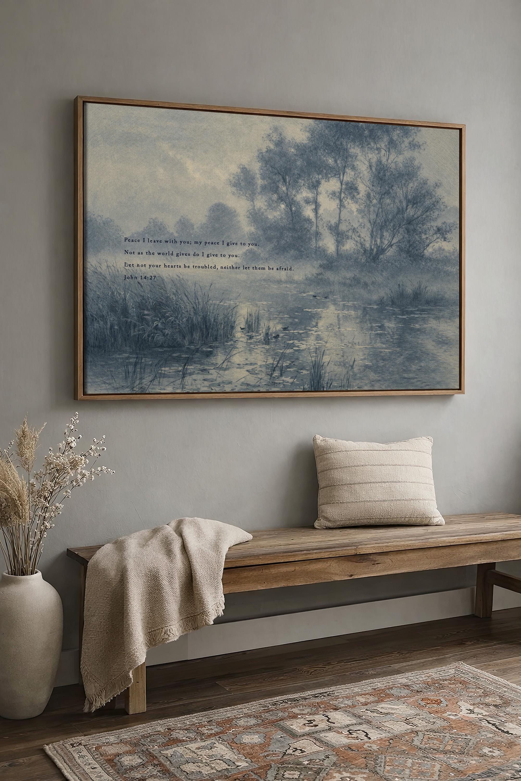John 14:27 Bible Verse Wall Art, Peace I Leave with You Scripture Print, Blue Vintage Landscape Christian Home Decor, Neutral Faith Art