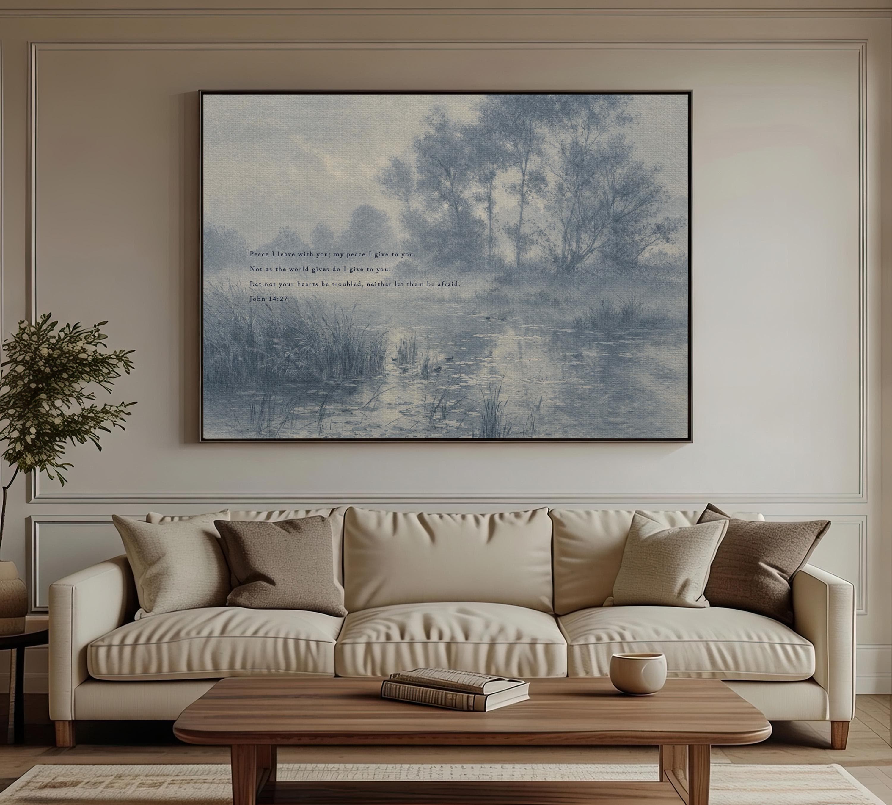 John 14:27 Bible Verse Wall Art, Peace I Leave with You Scripture Print, Blue Vintage Landscape Christian Home Decor, Neutral Faith Art