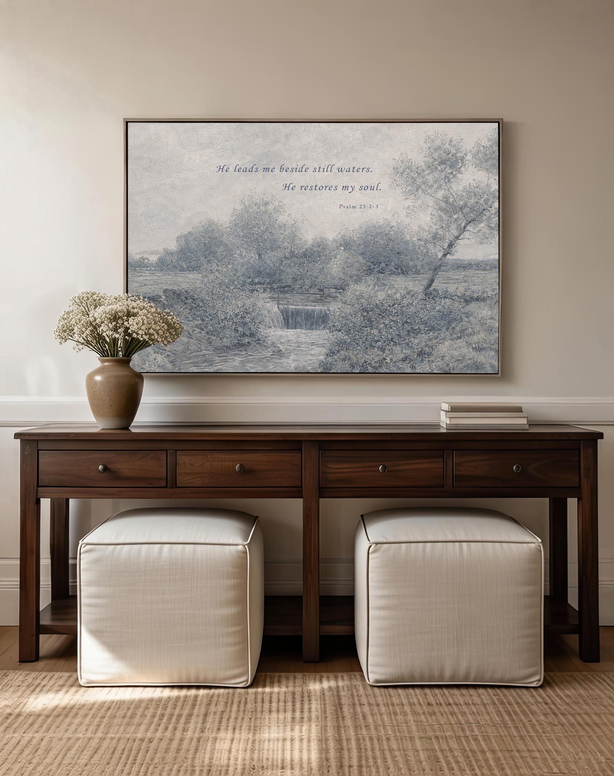 Psalm 23:2-3 Wall Art, He Leads Me Beside Still Waters Print, Blue Vintage Christian Landscape, Neutral Faith Nursery Decor