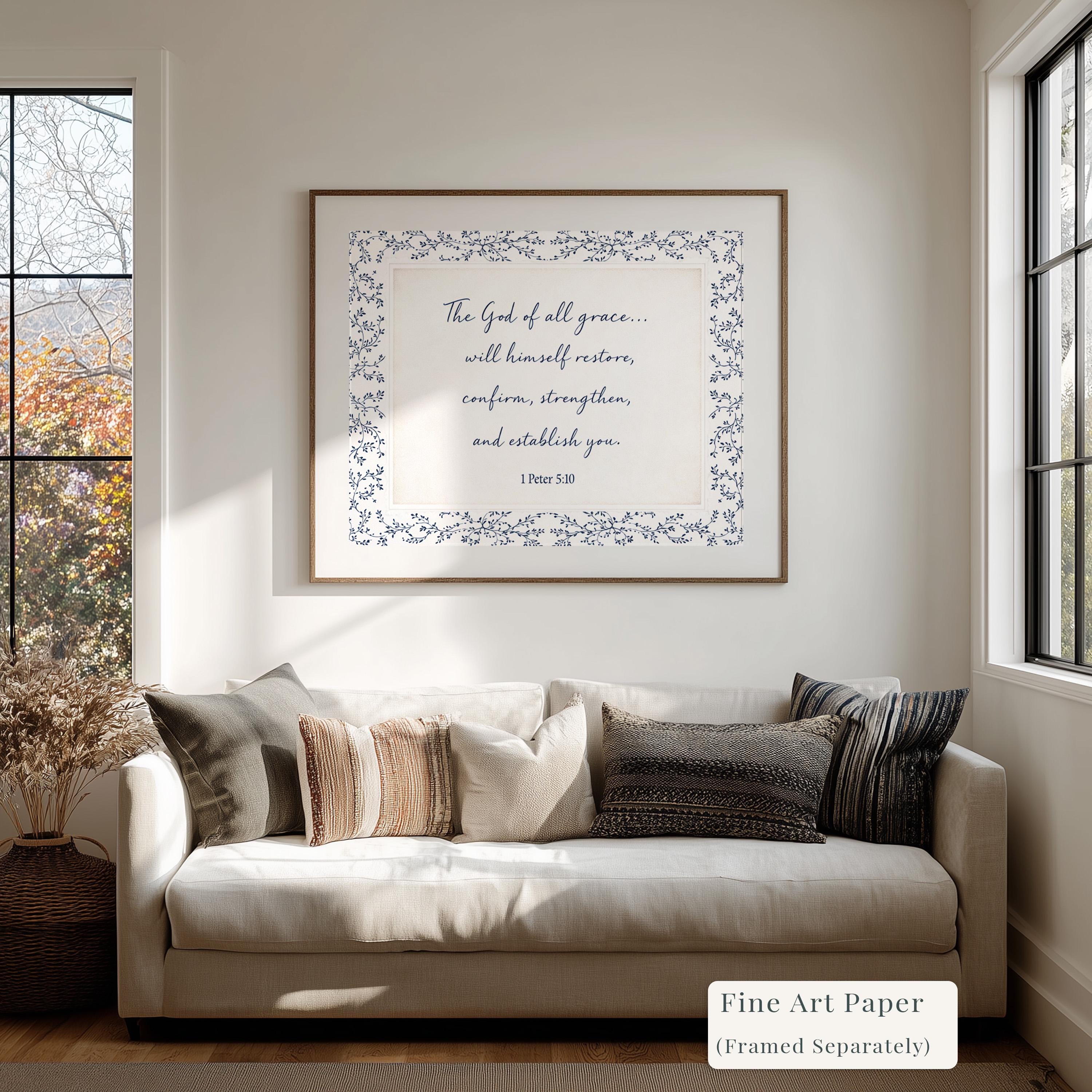 1 Peter 5:10 Wall Art, The God of All Grace Scripture Print, Navy Blue Christian Wall Decor, Elegant Faith Home Artwork