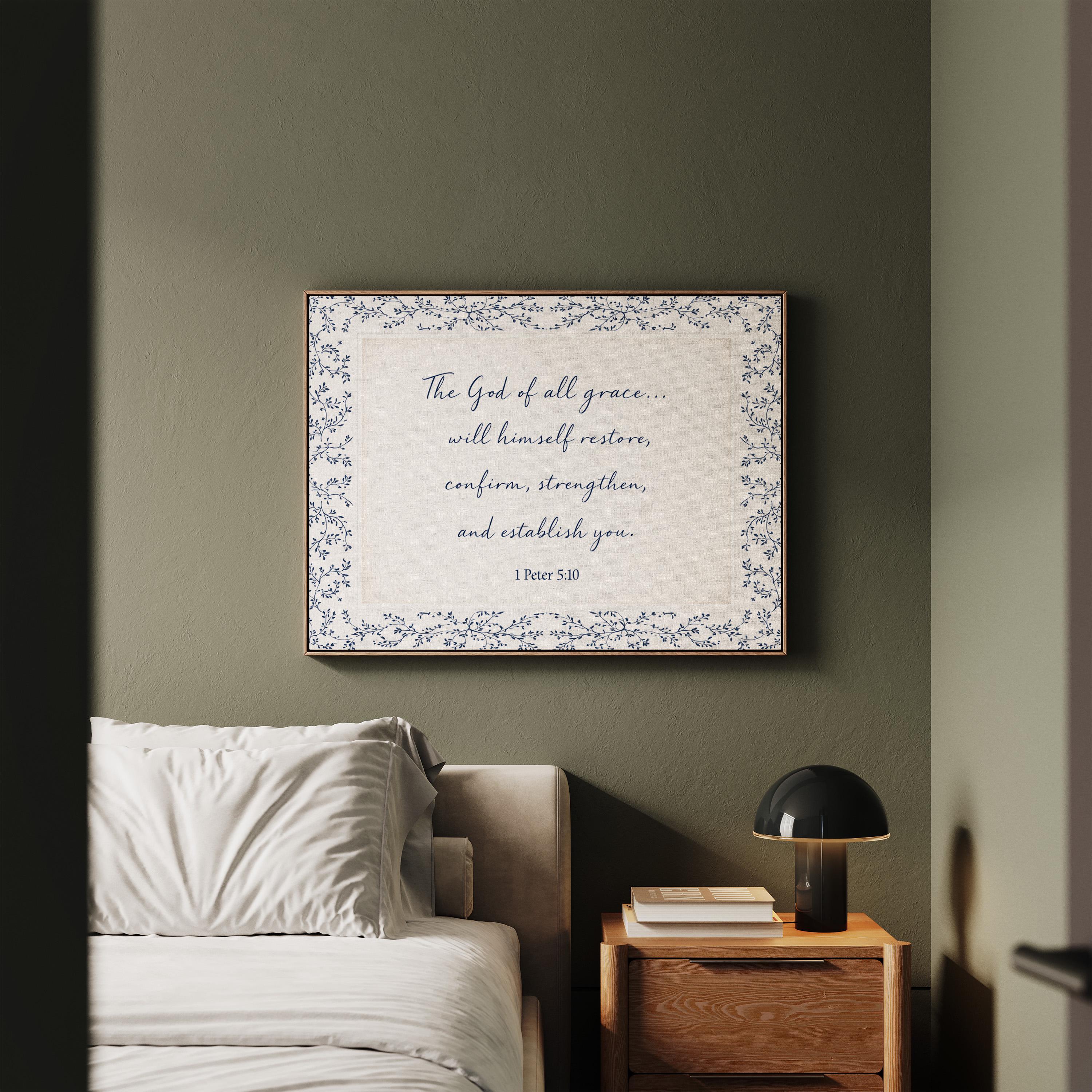 1 Peter 5:10 Wall Art, The God of All Grace Scripture Print, Navy Blue Christian Wall Decor, Elegant Faith Home Artwork