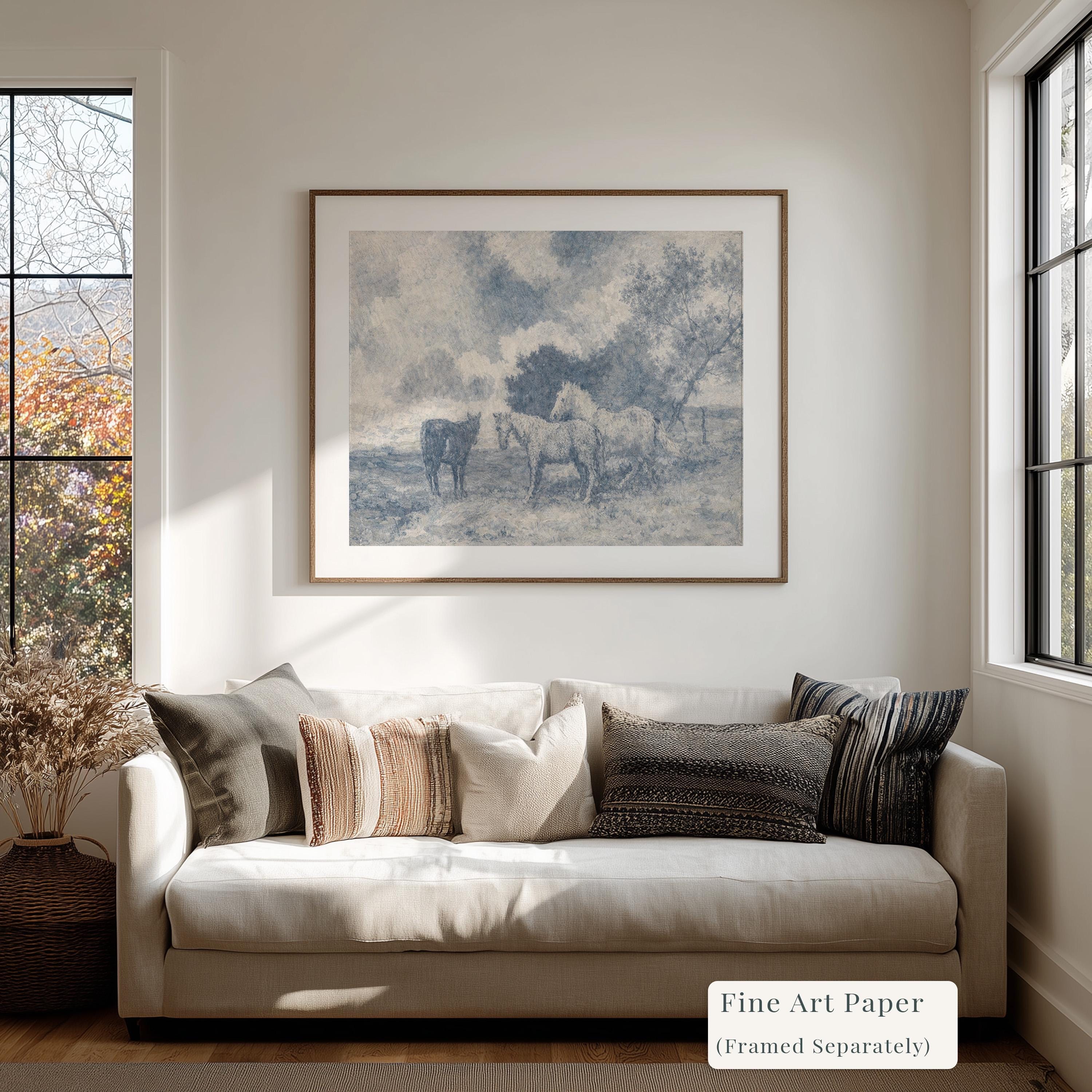 Blue Vintage Horse Wall Art – Neutral Equestrian Landscape Print – French Country Farmhouse Decor – Moody European Pastoral Artwork